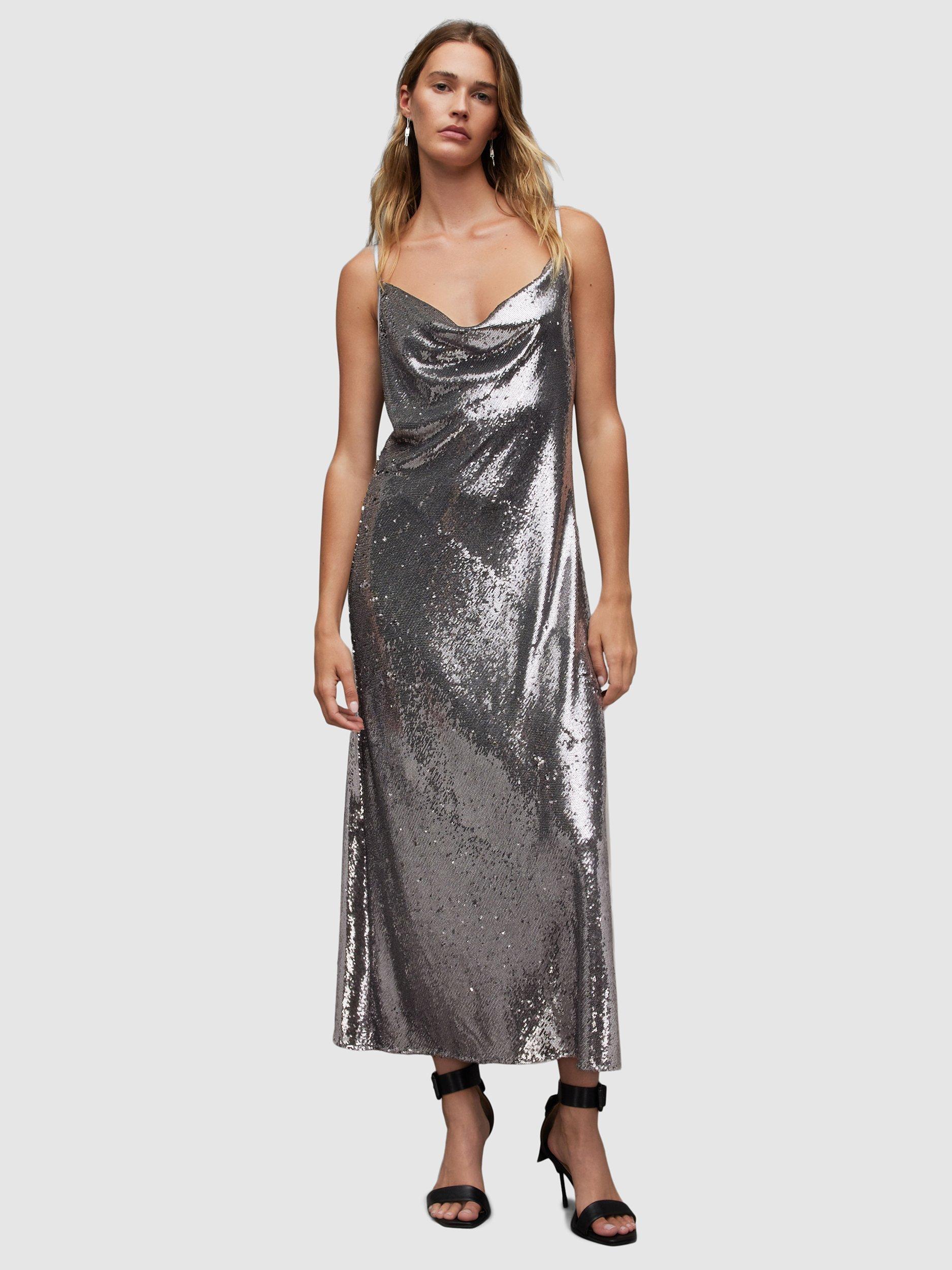 AllSaints Hadley Sequin Midi Slip Dress, Gunmetal Grey