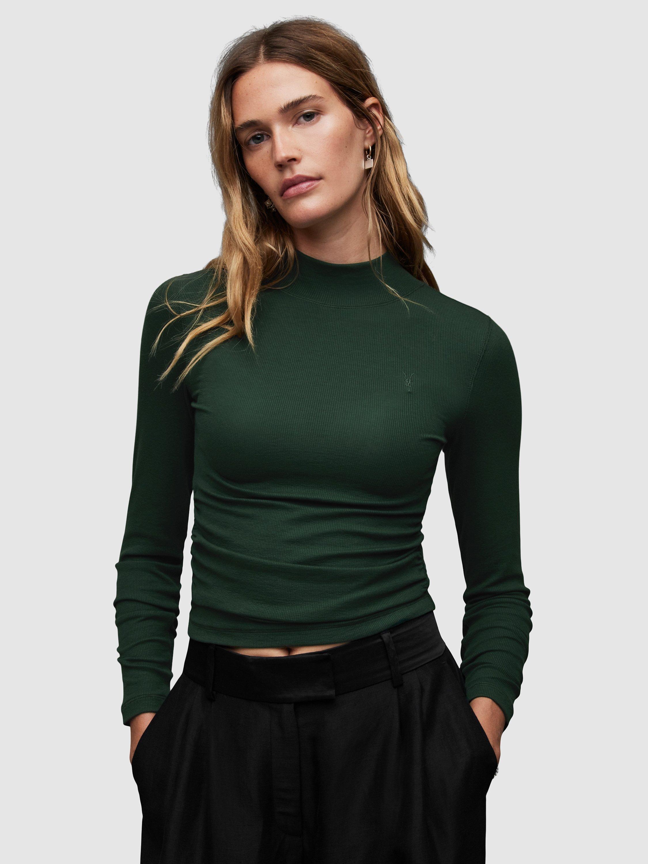 AllSaints Rina High Neck Ribbed Top, Sycamore Green