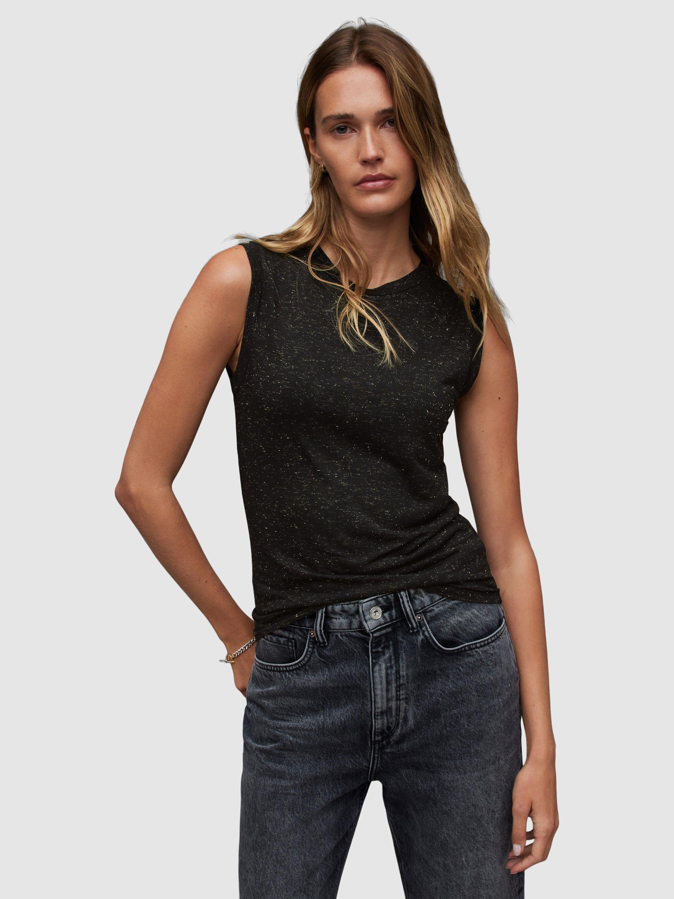 AllSaints Imogen Shimmer Tank Top, Black/Gold