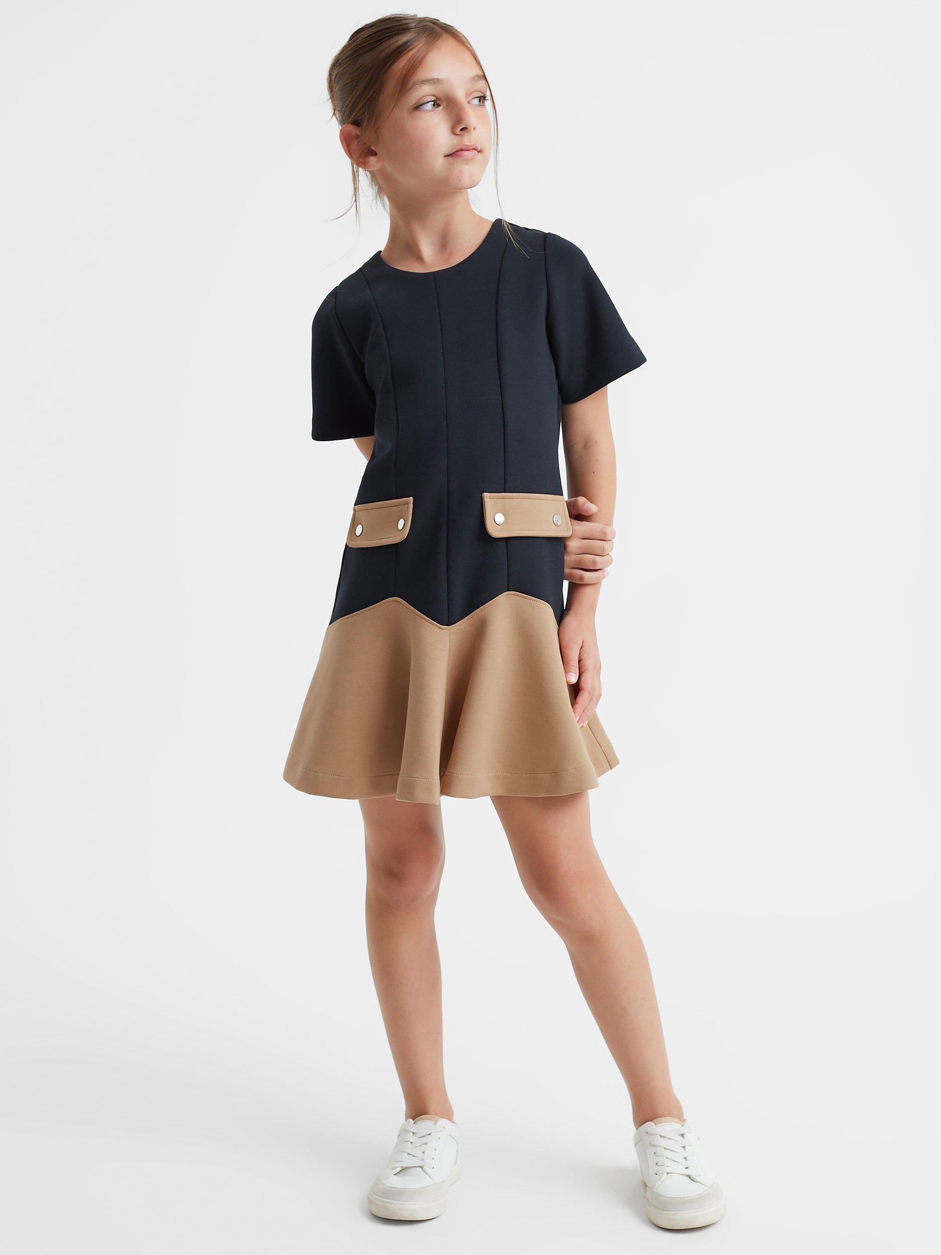 Reiss Kids' Fion Colour Block Flared Dress, Navy/Neutral
