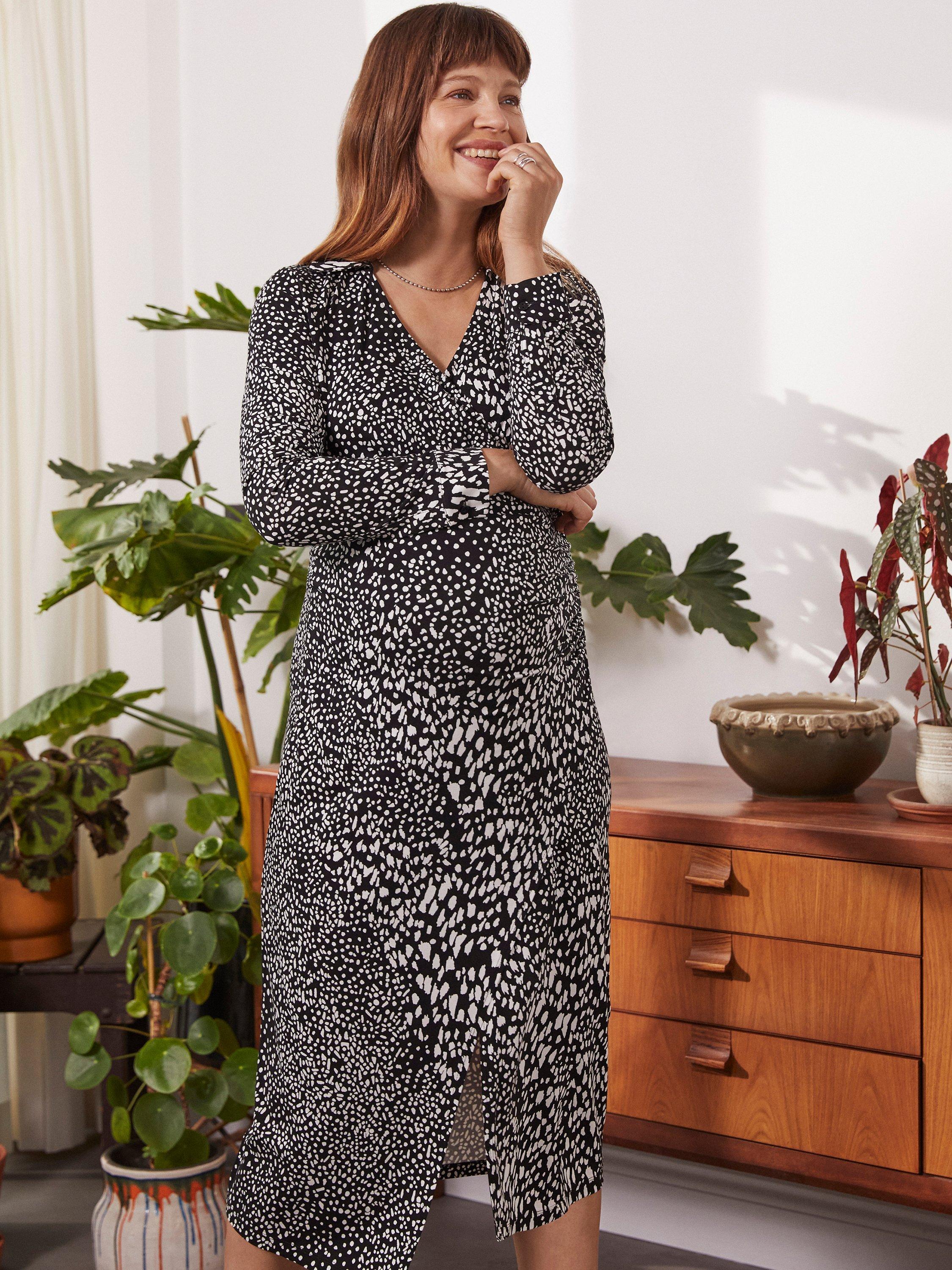 Product image 2 of 4, which shows Isabella Oliver Maternity Polly Ecovero Midi Dress, Black/White, 4-6