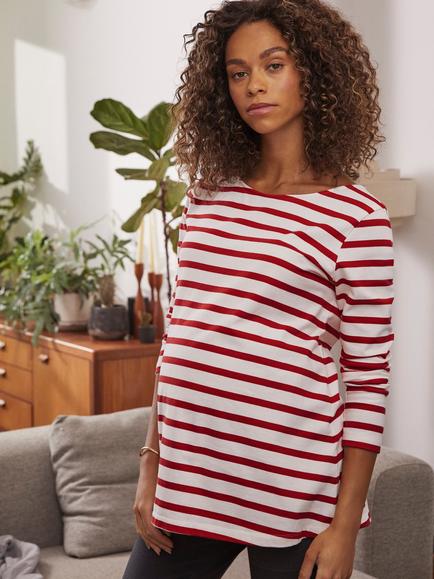 Isabella Oliver Maternity Organic Cotton Arden Top, Soft White/Crimson - view 2, Soft White & Crimson