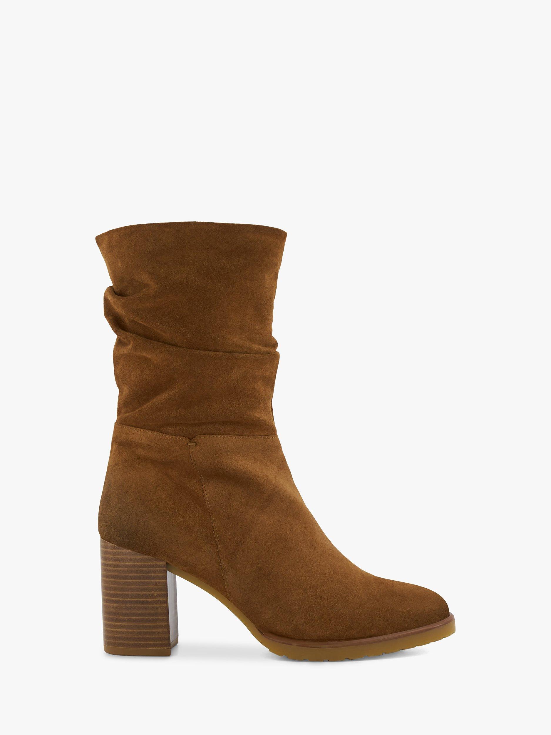 Dune Prominent Ruched Suede Calf Boots, Tan, 6