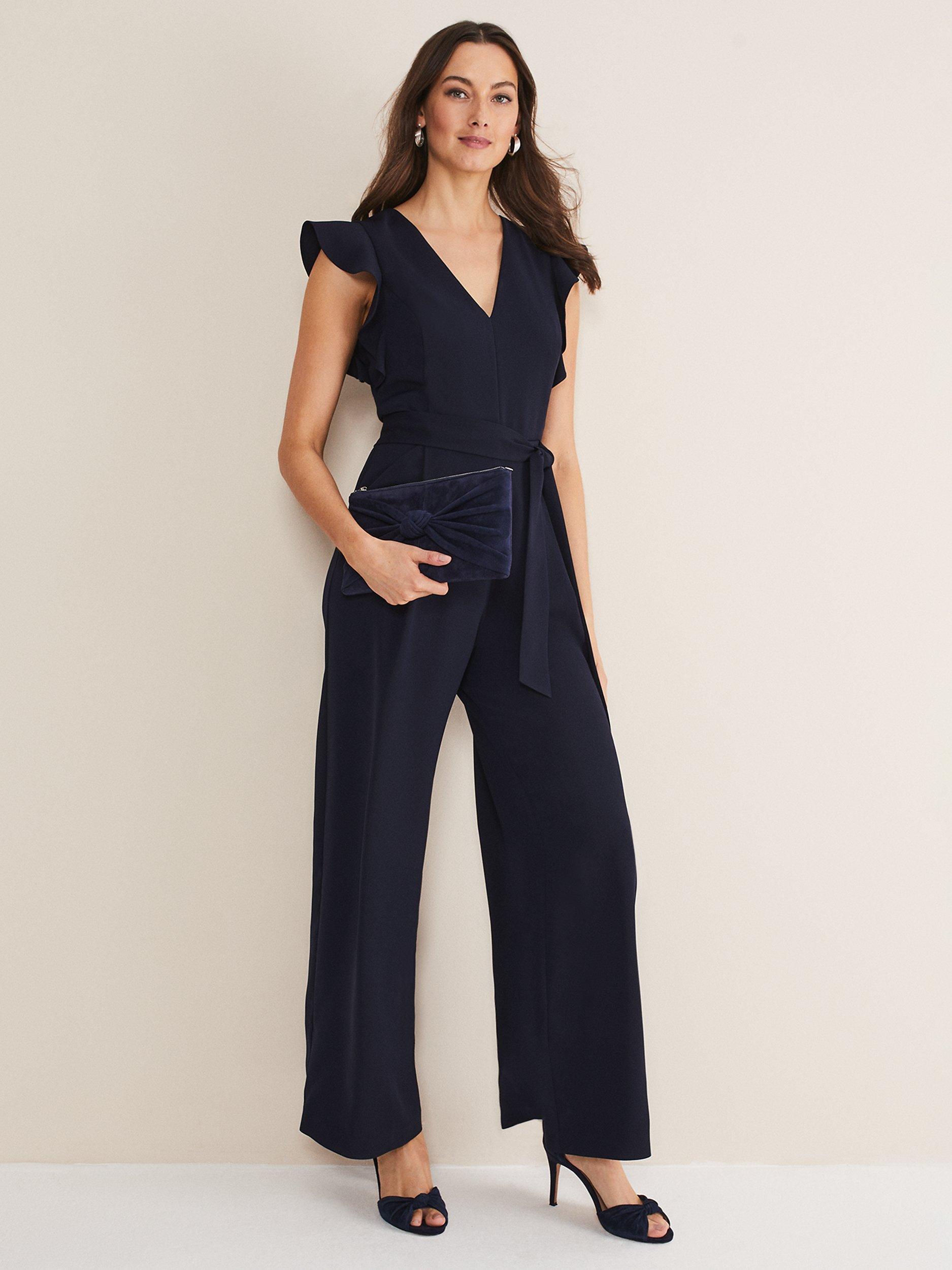 Product image 1 of 7, which shows Phase Eight Kallie Frill Sleeve Wide Leg Jumpsuit, Navy, 6