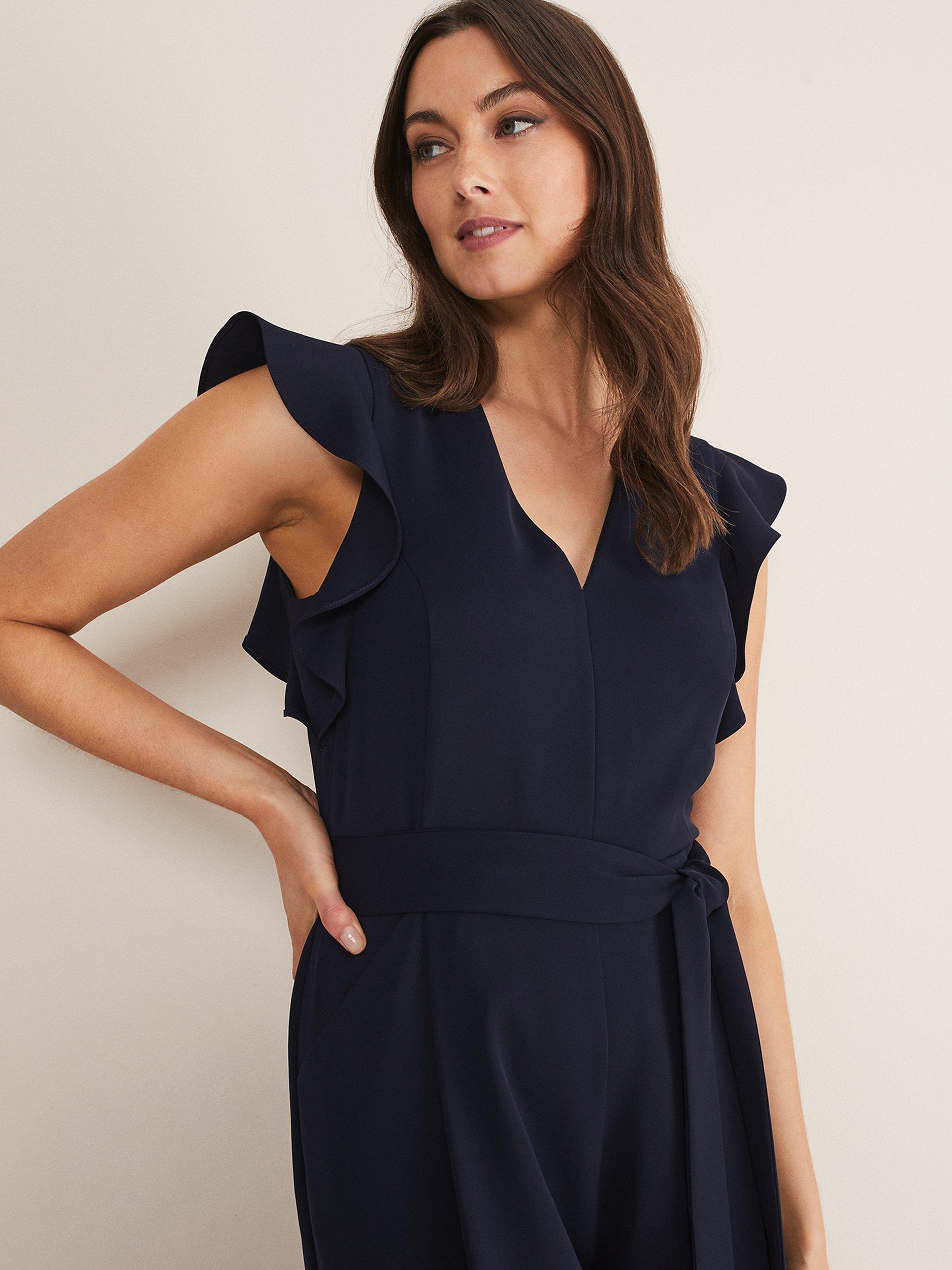 Product image 4 of 7, which shows Phase Eight Kallie Frill Sleeve Wide Leg Jumpsuit, Navy, 6