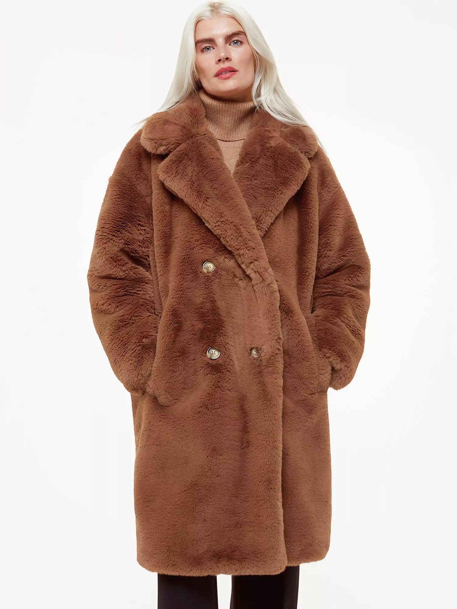 Whistles Petite Teddy Faux Fur Coat Brown