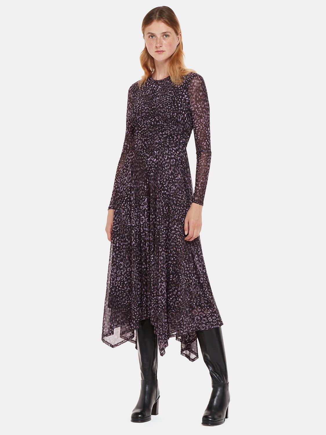 Whistles Feather Leopard Mesh Midi Dress, Purple/Multi