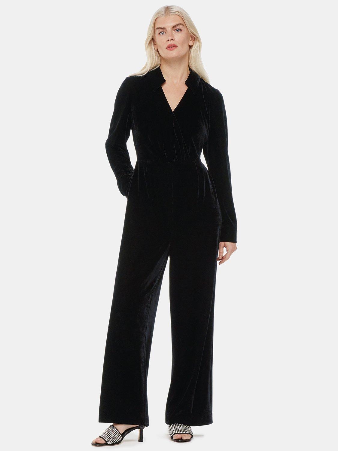Product image 1 of 5, which shows Whistles Petite Wrap Jersey Velvet Jumpsuit, Black, 6