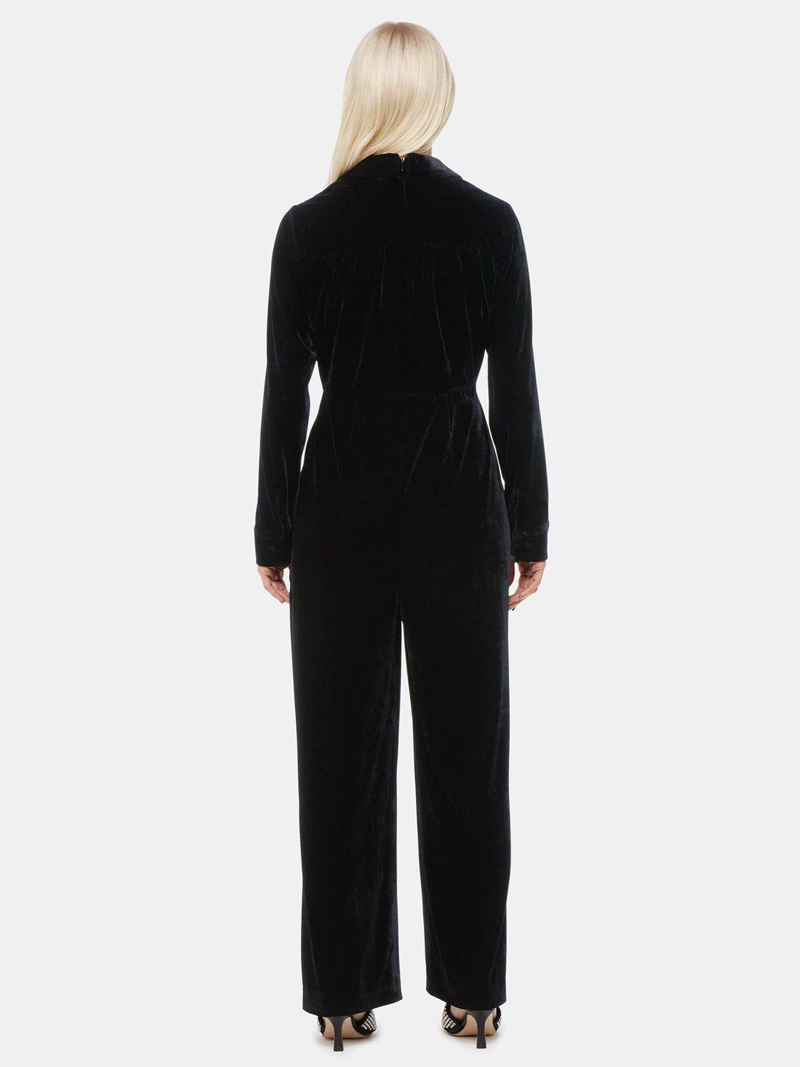 Product image 2 of 5, which shows Whistles Petite Wrap Jersey Velvet Jumpsuit, Black, 6