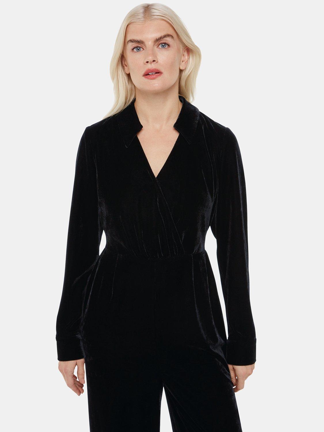 Product image 3 of 5, which shows Whistles Petite Wrap Jersey Velvet Jumpsuit, Black, 6