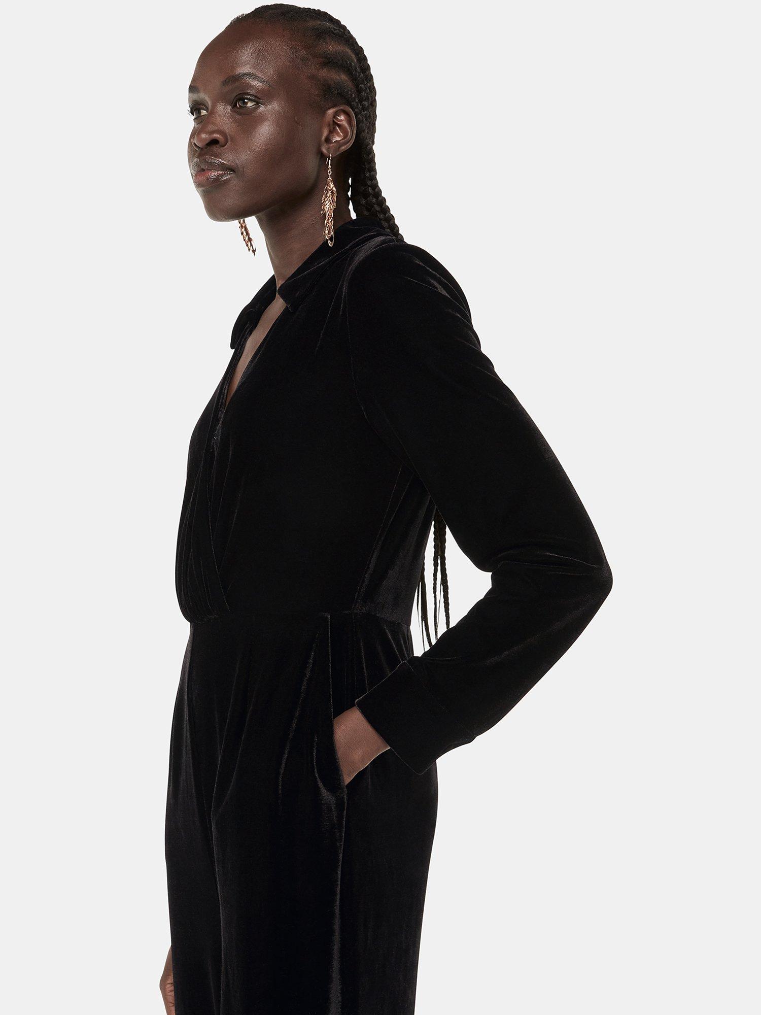 Product image 3 of 5, which shows Whistles Wrap Jersey Velvet Jumpsuit, Black, 6