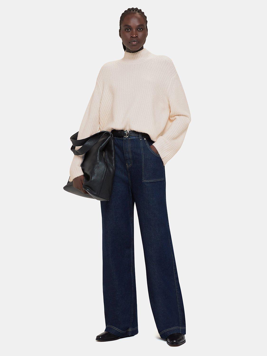 Product image 1 of 5, which shows Whistles Wool Mix Ribbed Funnel Neck Jumper, Ivory, L