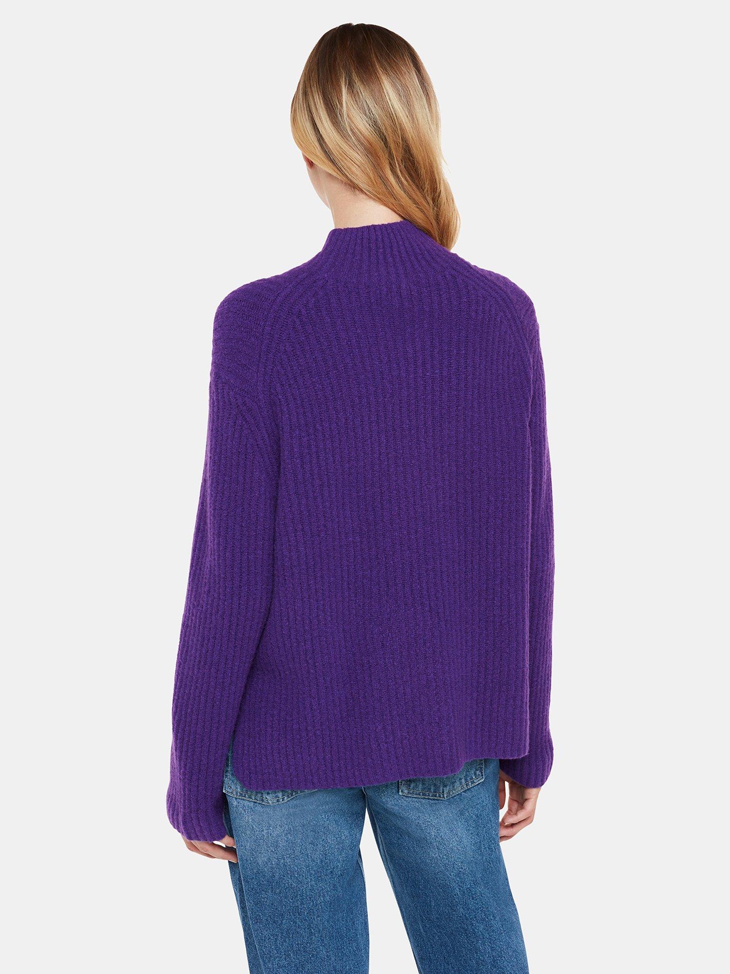 Product image 2 of 6, which shows Whistles Wool Mix Ribbed Funnel Neck Jumper, Purple, XS