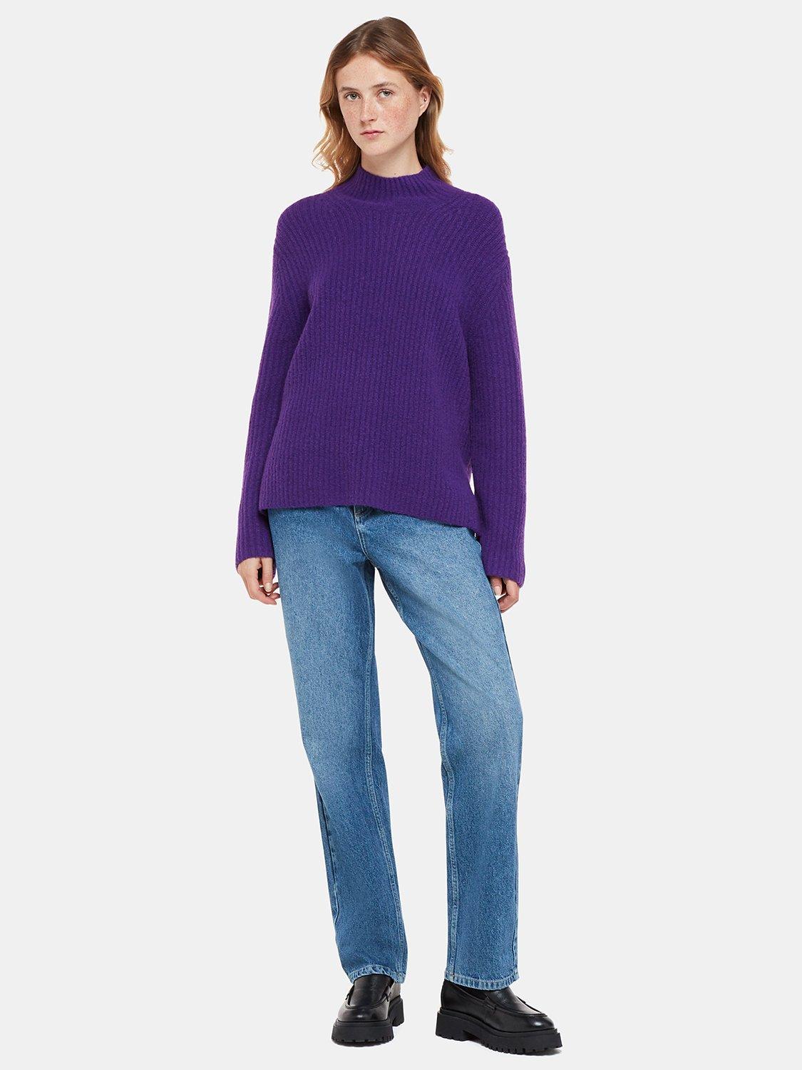 Product image 3 of 6, which shows Whistles Wool Mix Ribbed Funnel Neck Jumper, Purple, XS