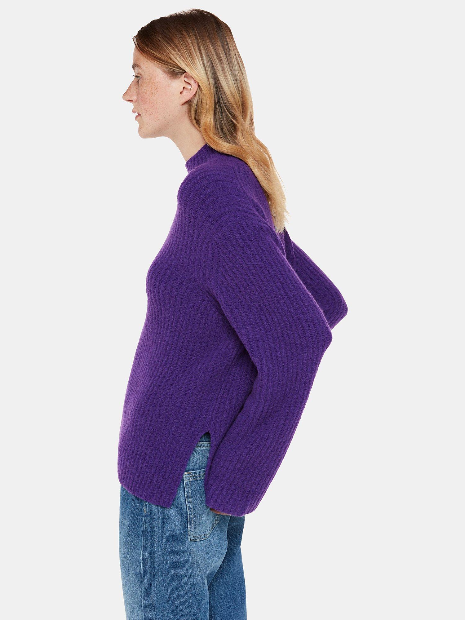 Product image 5 of 6, which shows Whistles Wool Mix Ribbed Funnel Neck Jumper, Purple, XS