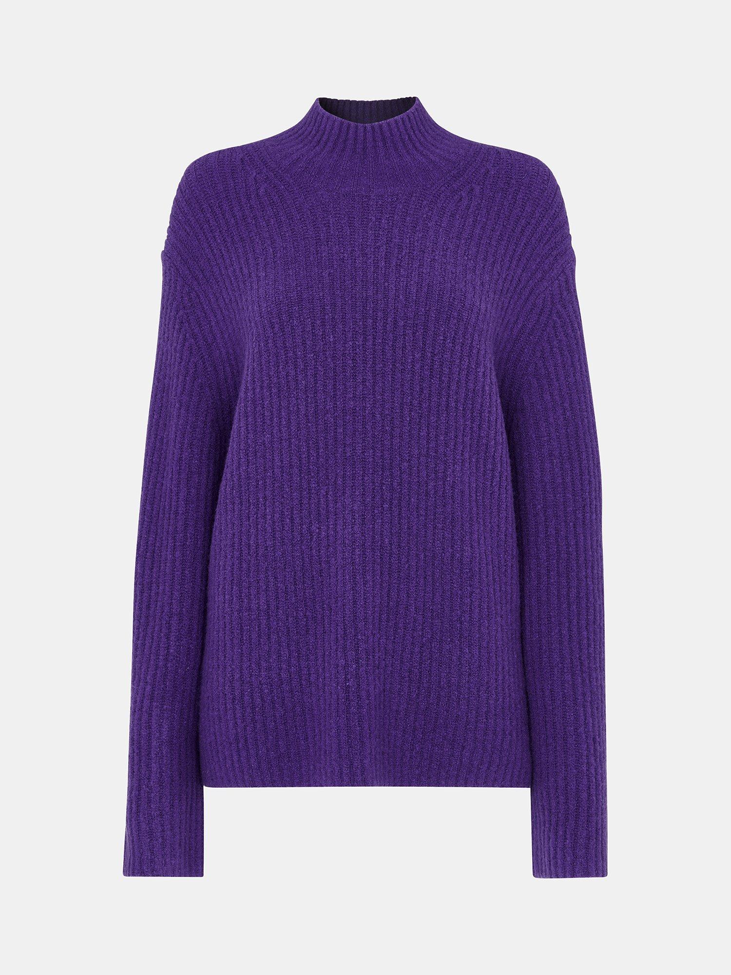 Product image 6 of 6, which shows Whistles Wool Mix Ribbed Funnel Neck Jumper, Purple, XS
