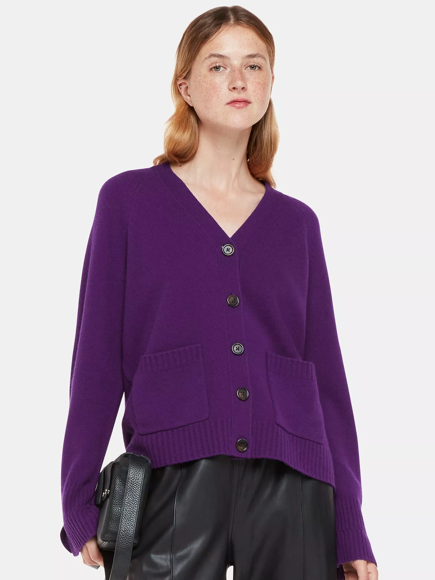 Whistles Wool Relaxed Pocket Cardigan Purple