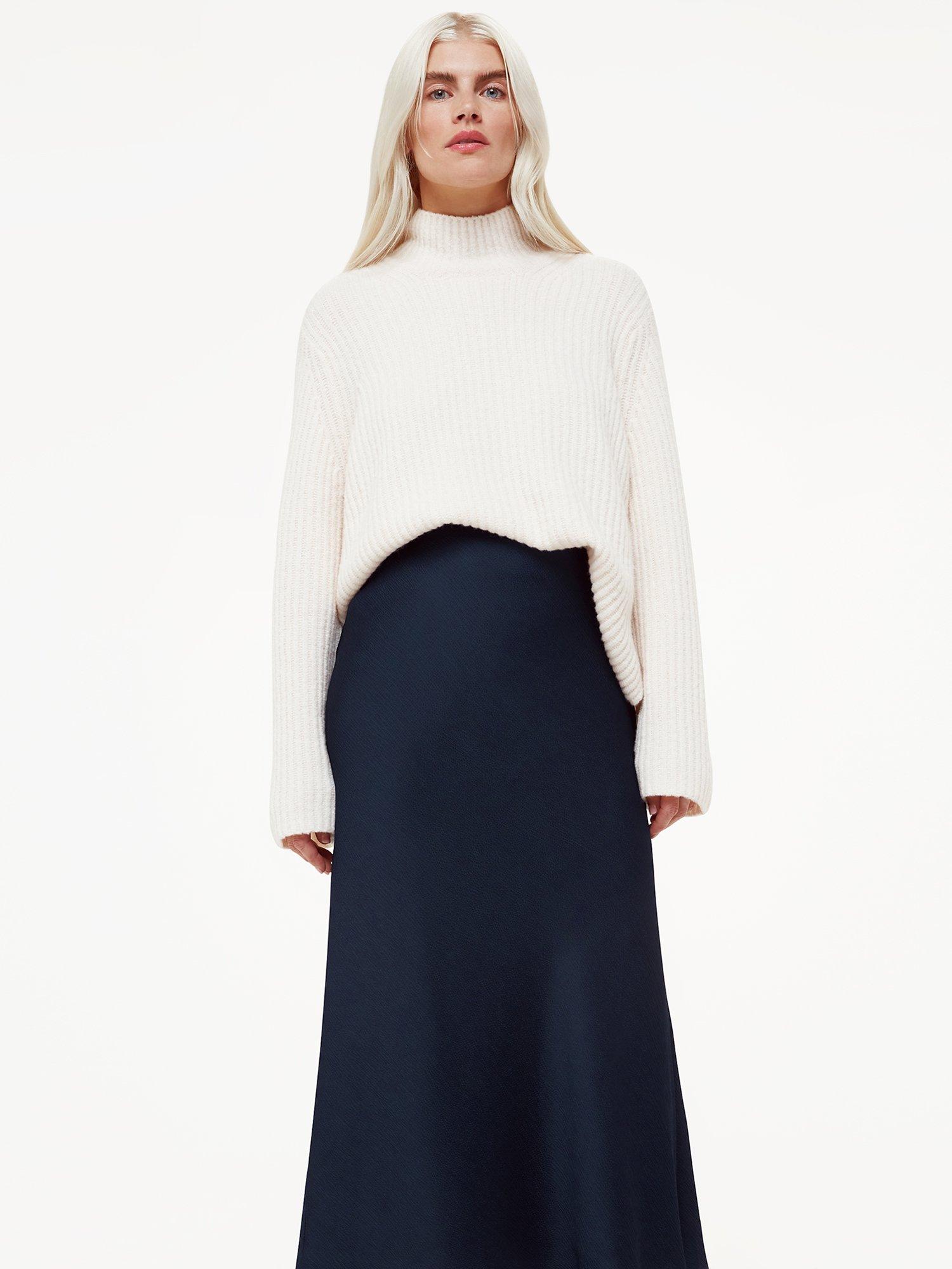 Product image 3 of 5, which shows Whistles Petite Satin Bias Cut Skirt, Navy, 16
