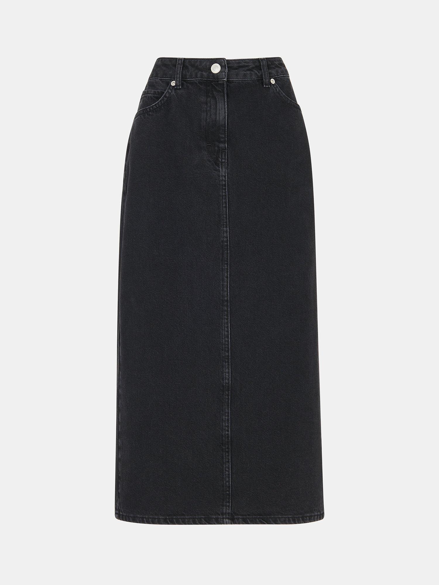 Product image 5 of 5, which shows Whistles Petite Straight Denim Midi Skirt, Washed Black, 10