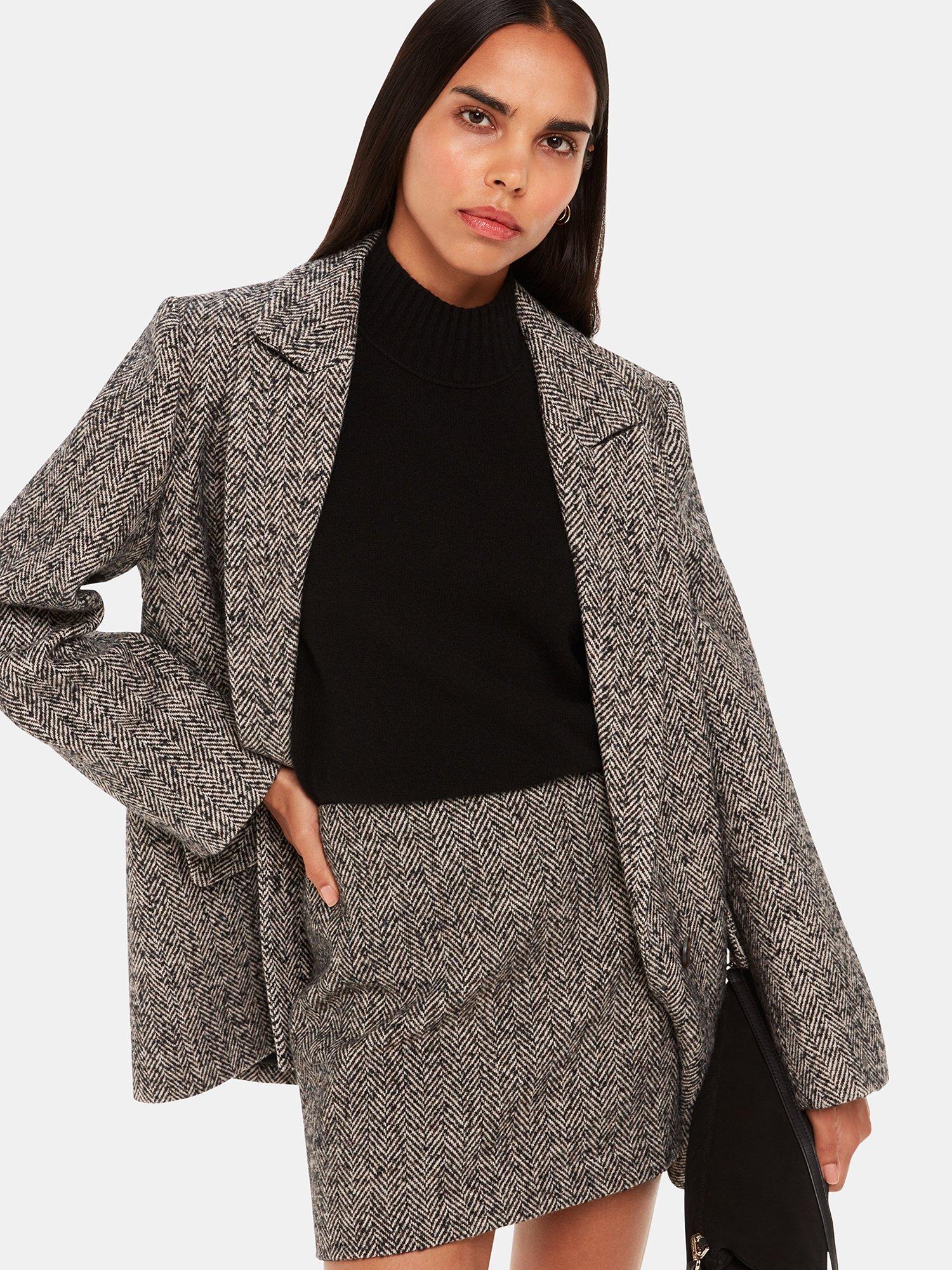 Product image 1 of 6, which shows Whistles Herringbone Wool Blend Mini Skirt, Brown/Multi, 14