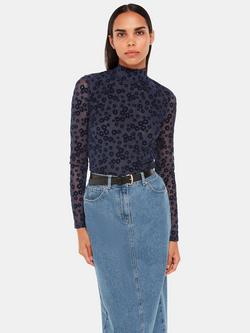 Whistles Crew Neck Floral Mesh Top, Navy, Navy