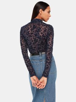 Whistles Crew Neck Floral Mesh Top, Navy - view 2, Navy