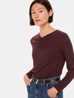 Whistles High V-Neck Ruched Top, Burgundy