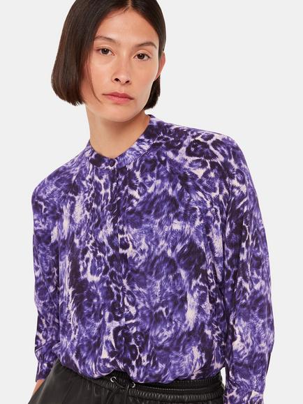 Whistles Glossy Leopard Print Raglan Shirt, Purple/Multi, Purple/Multi