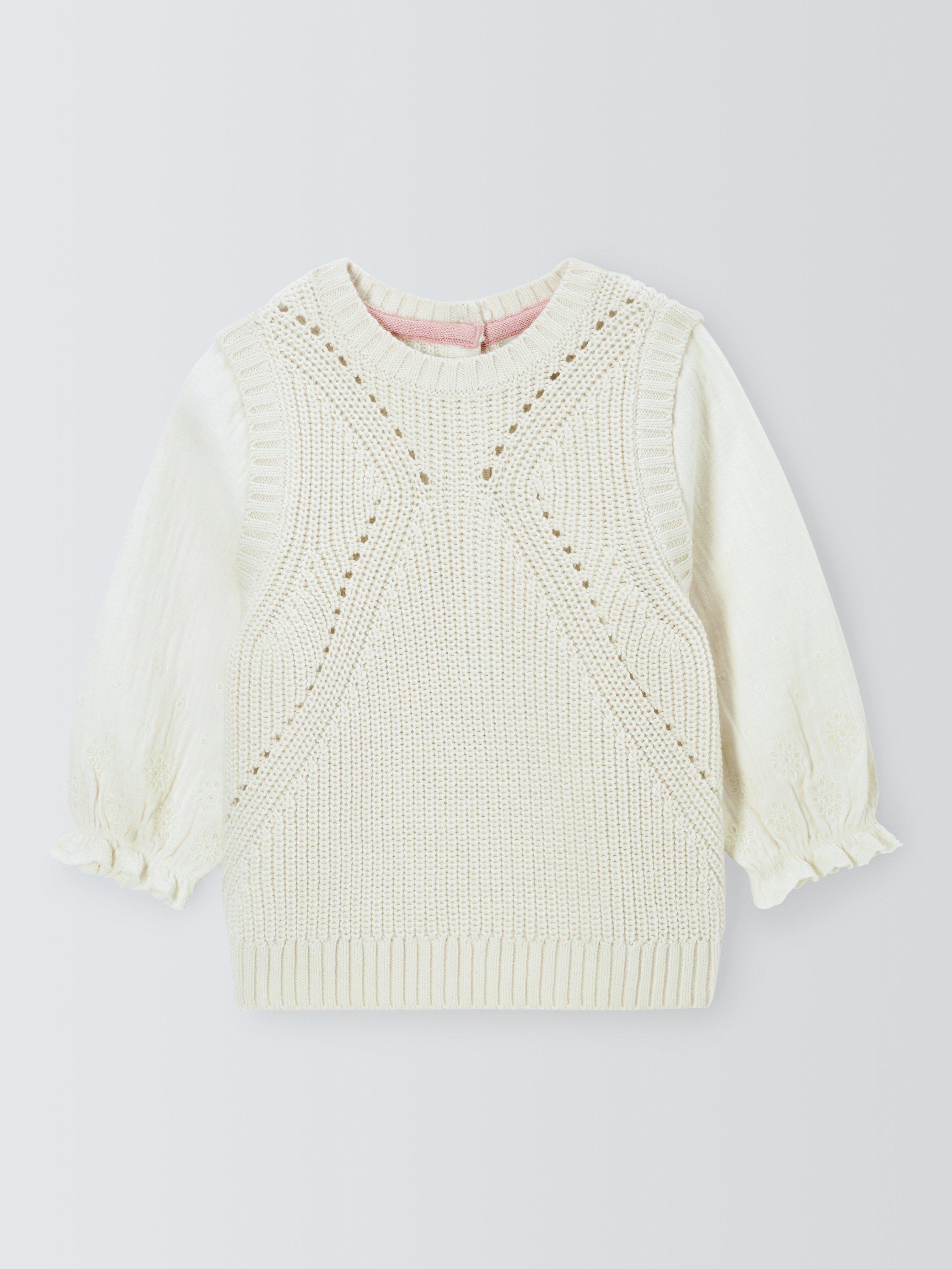 John Lewis Baby Knitted Tank Broderie Sleeves Top, Cream
