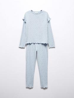 Mango Kids' Star Print Ruffle Detail Pyjamas, Medium Blue, Medium Blue