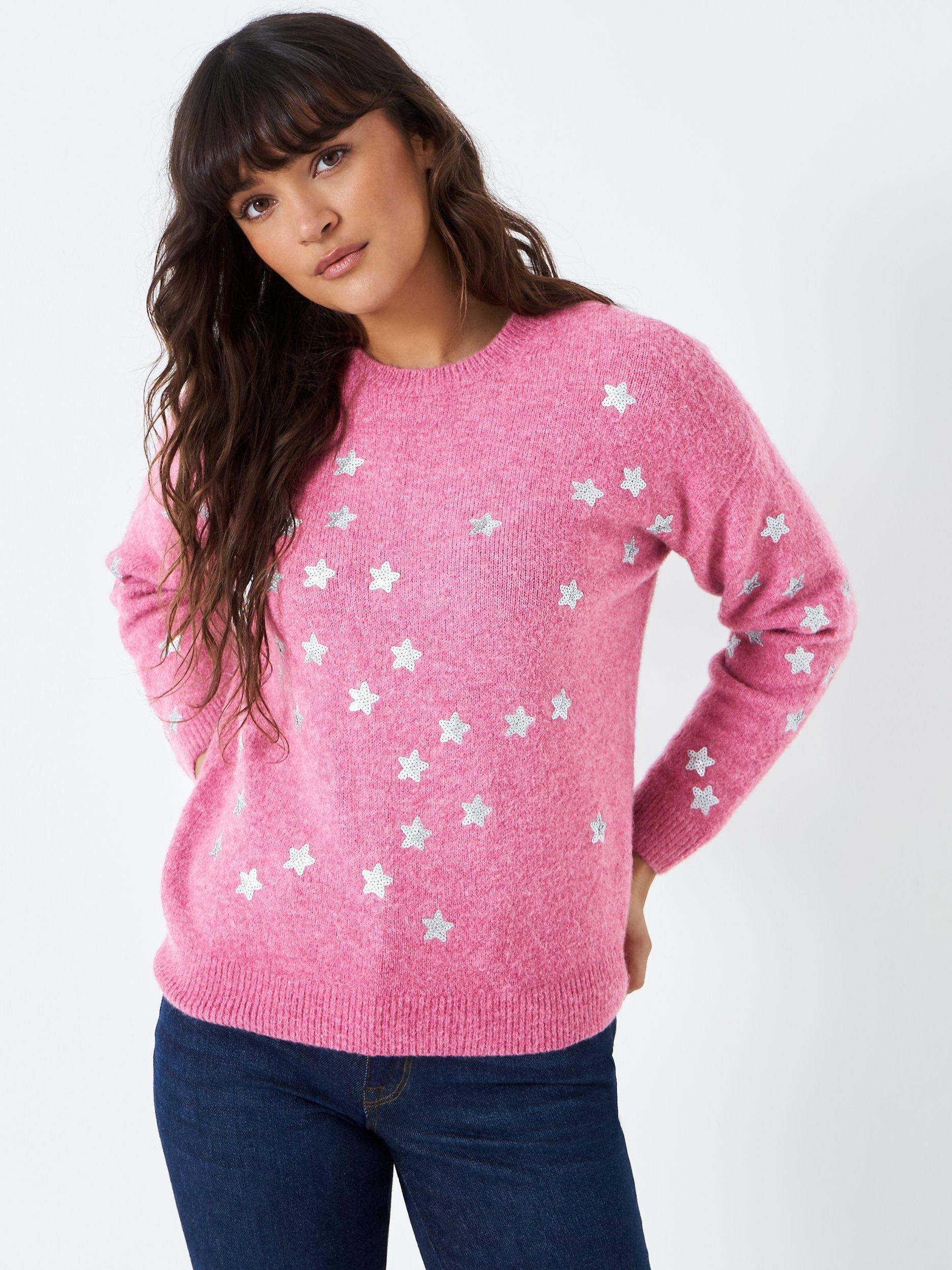 Crew Clothing Baleen Sequin Star Jumper Pastel Pink
