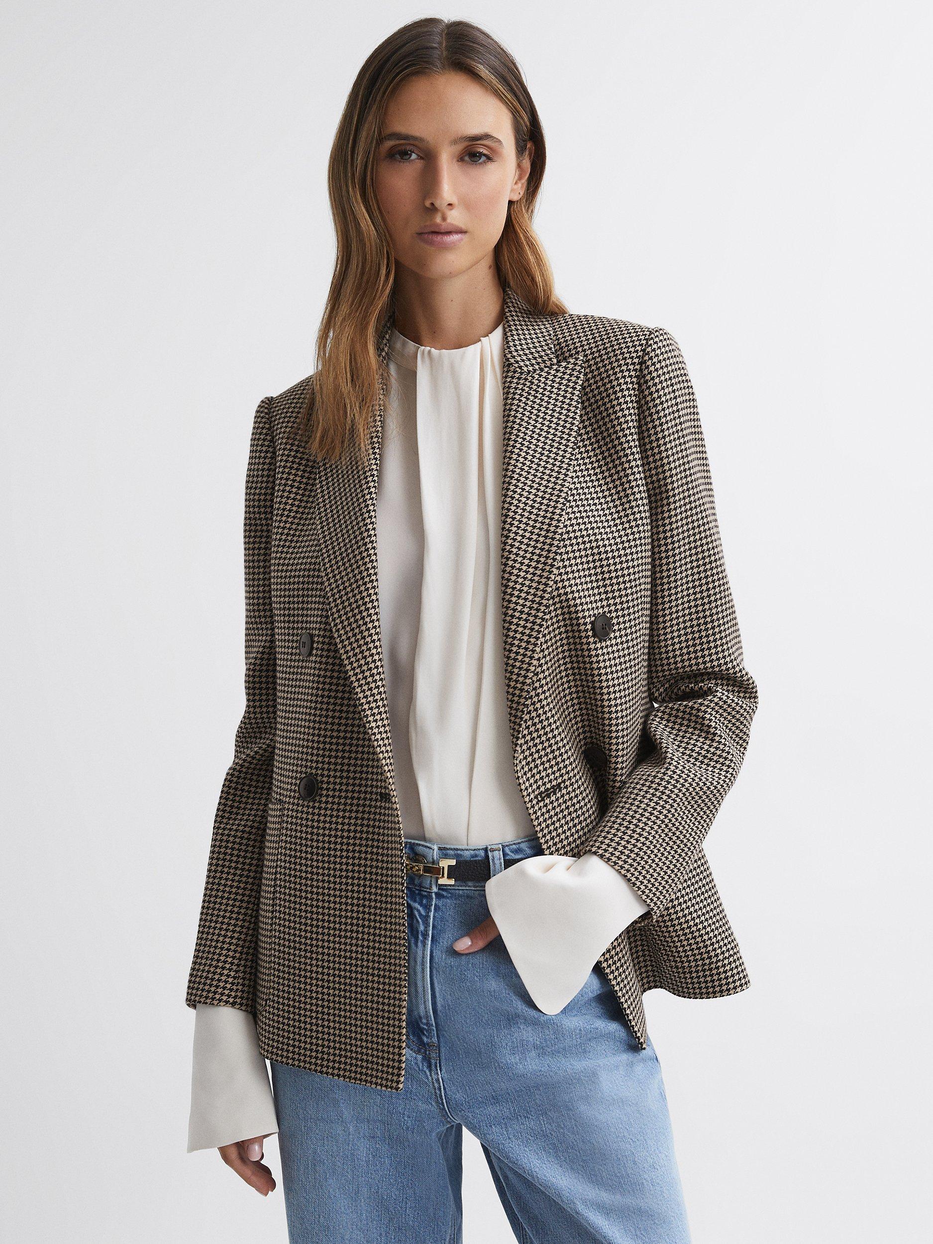 Reiss Ella Double Breasted Wool Blend Dogtooth Blazer, Black/Camel