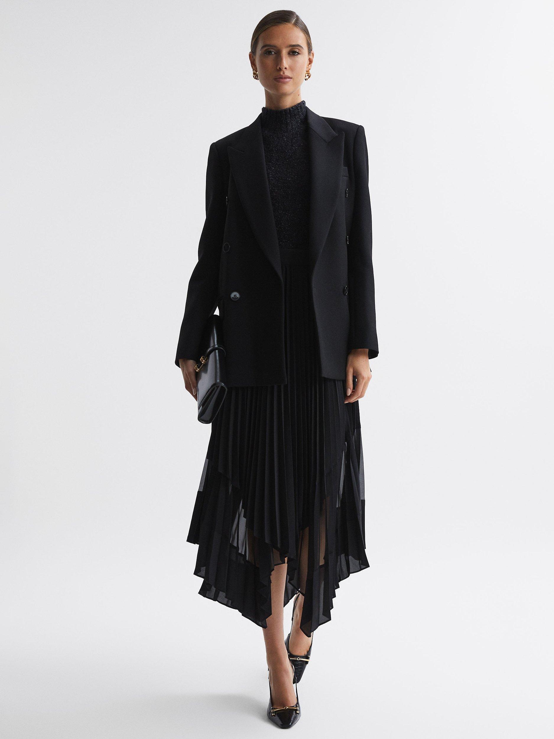 Reiss Dina Plisse Asymmetric Hem Midi Skirt, Black