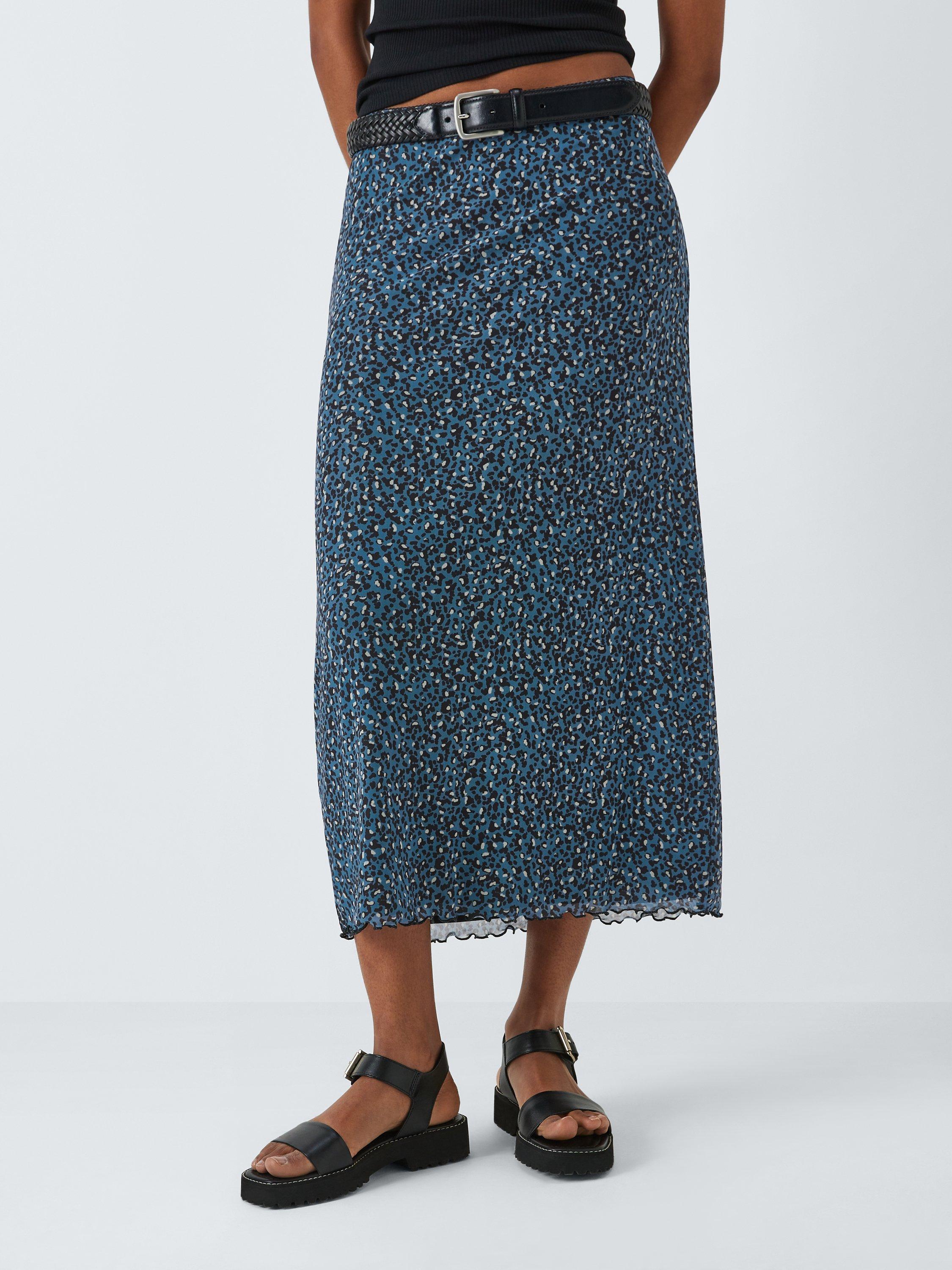 John Lewis ANYDAY Mesh Animal Print Midi Skirt, Blue, 20