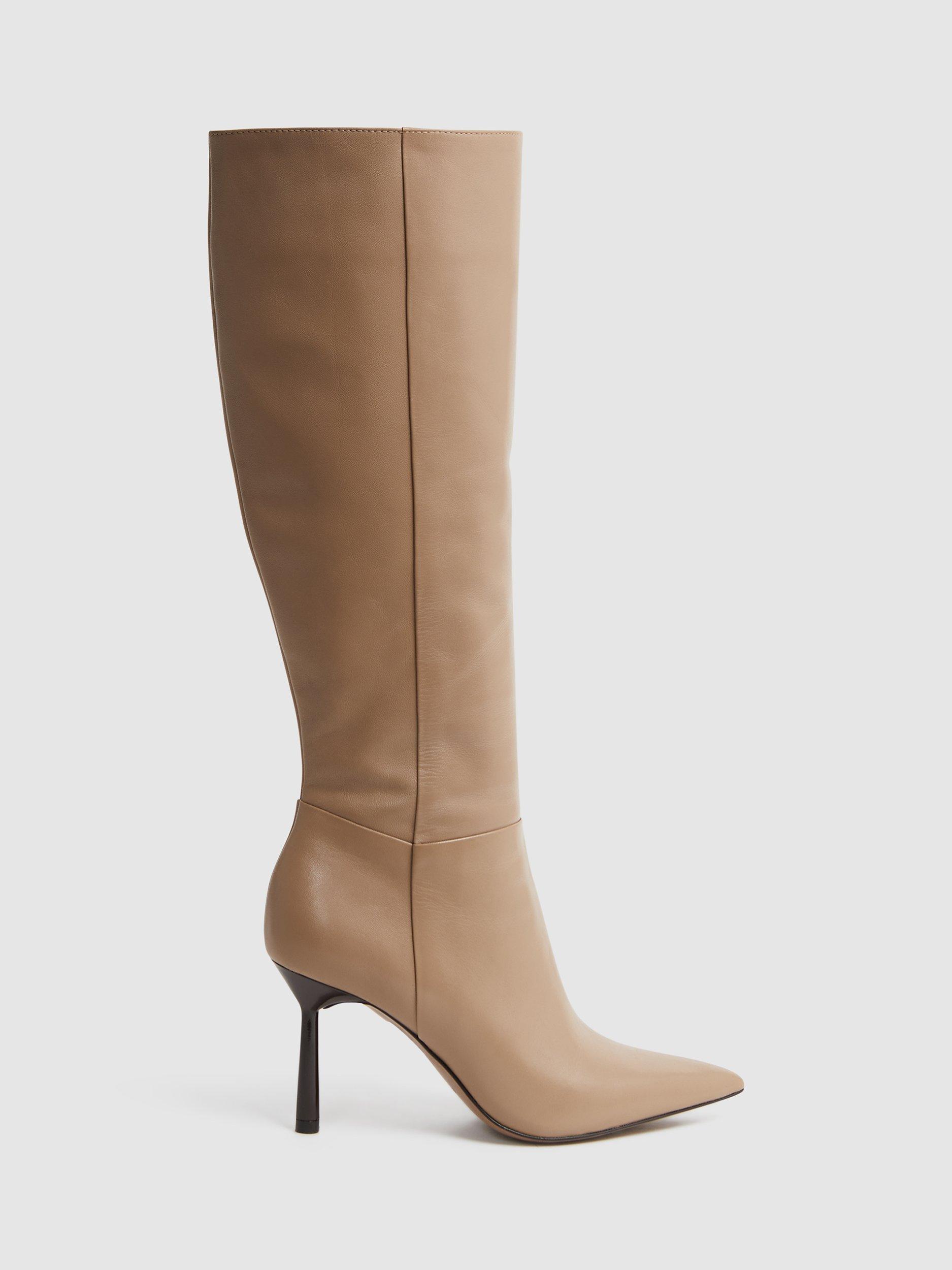 Reiss Gracyn High Heel Leather Knee High Boots, Camel