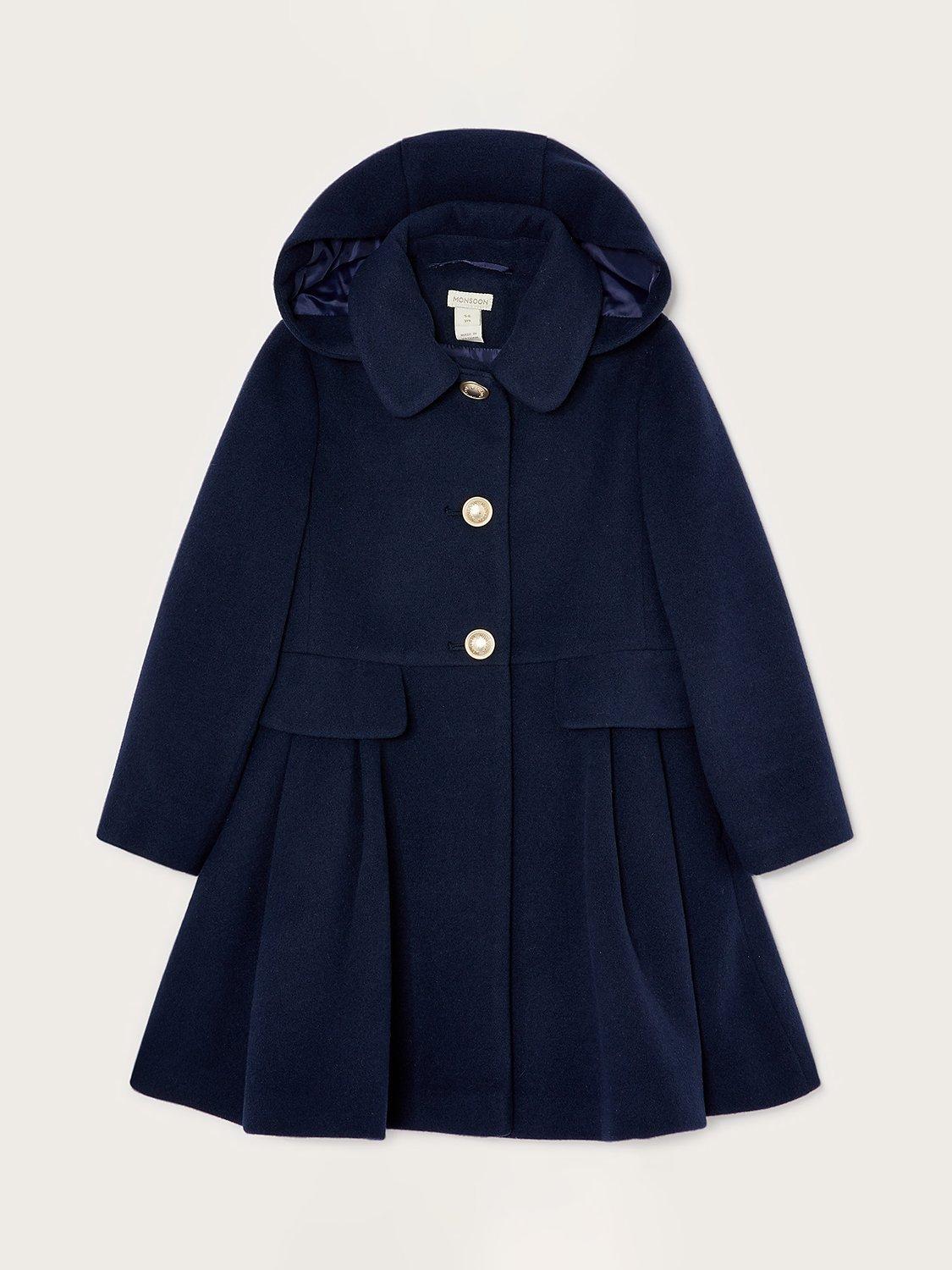 Monsoon Kids Pocket Detail Pleated Hooded Coat Navy