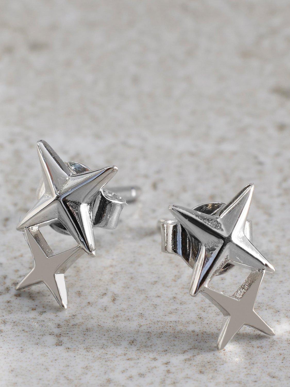 Mint Velvet Double Star Stud Earrings, Silver, One Size