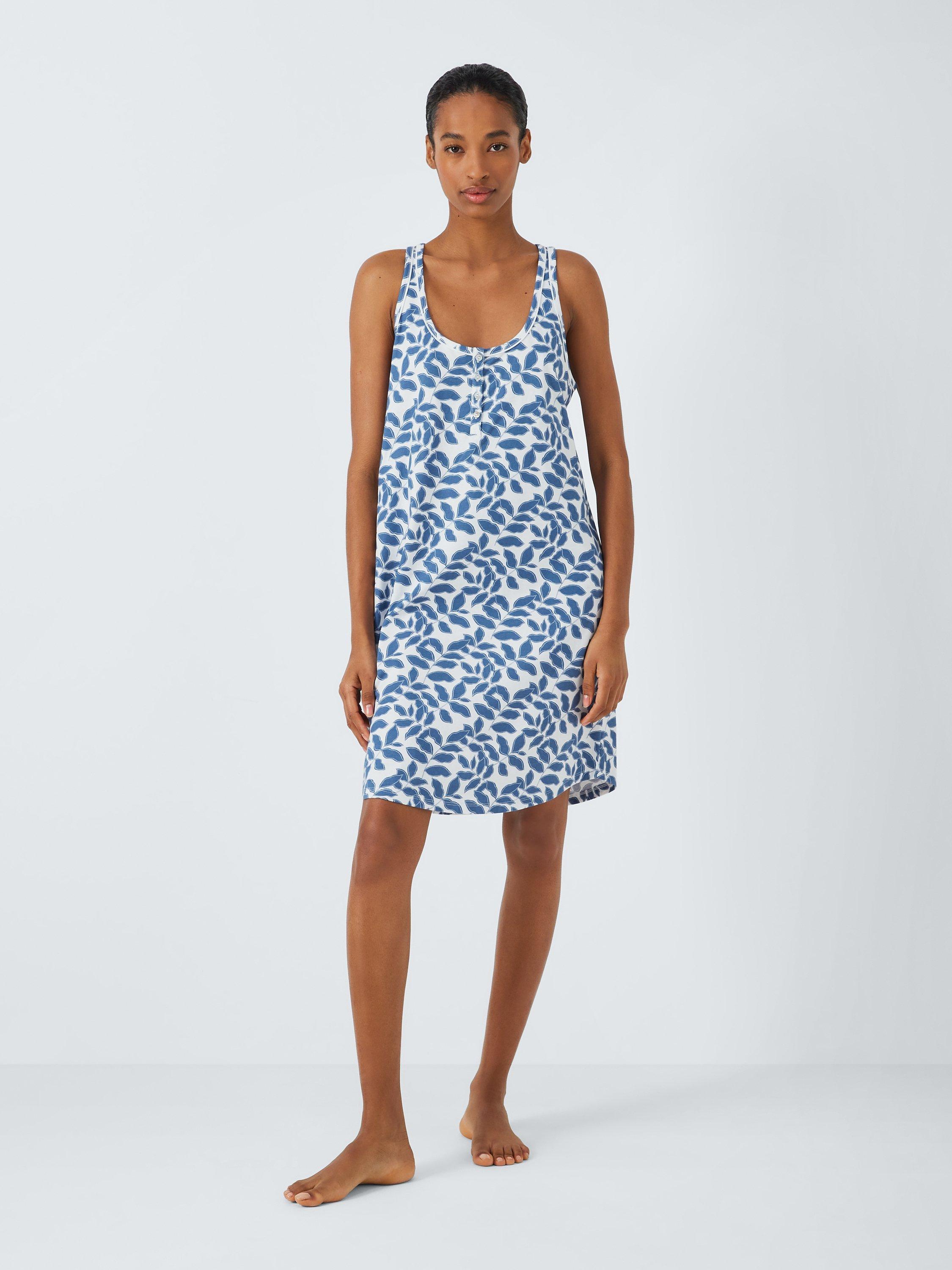 John Lewis Ines Leaf Print Sleeveless Night Dress, Ivory/Blue