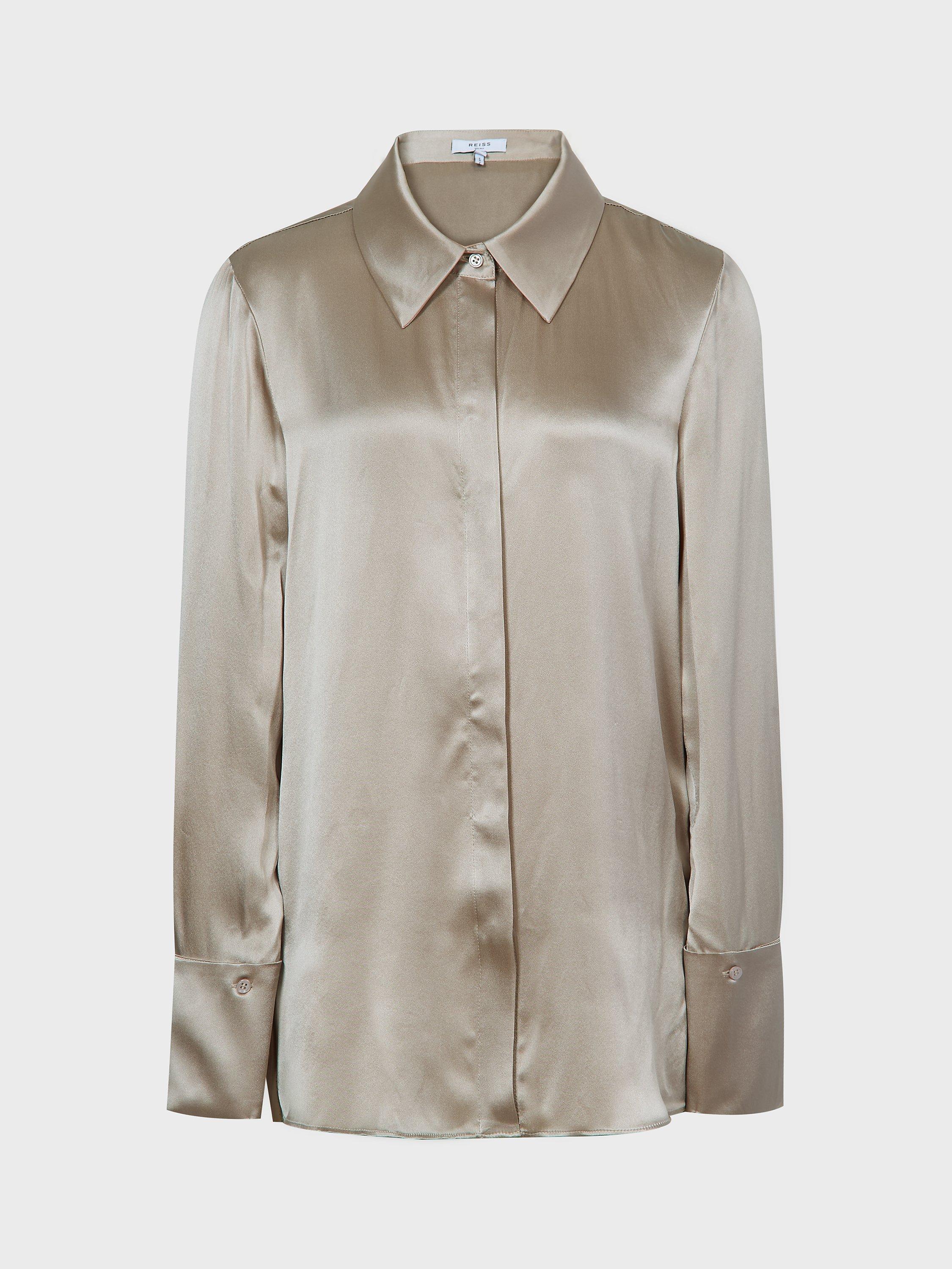 Reiss Petite Hailey Plain Long Sleeve Silk Shirt, Champagne, 6