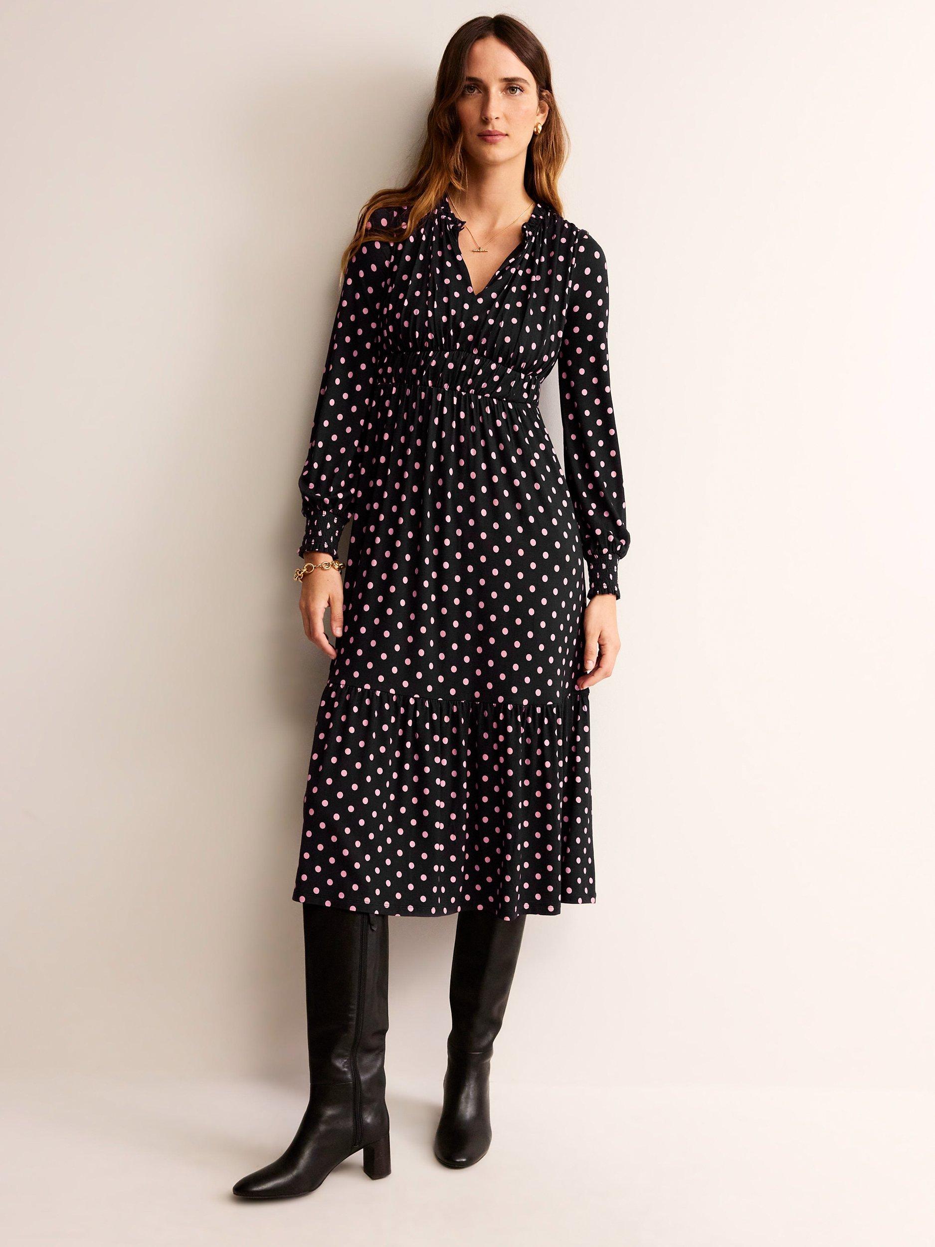 Boden Ruched Polka Dot Midi Tea Dress, Black/Pink