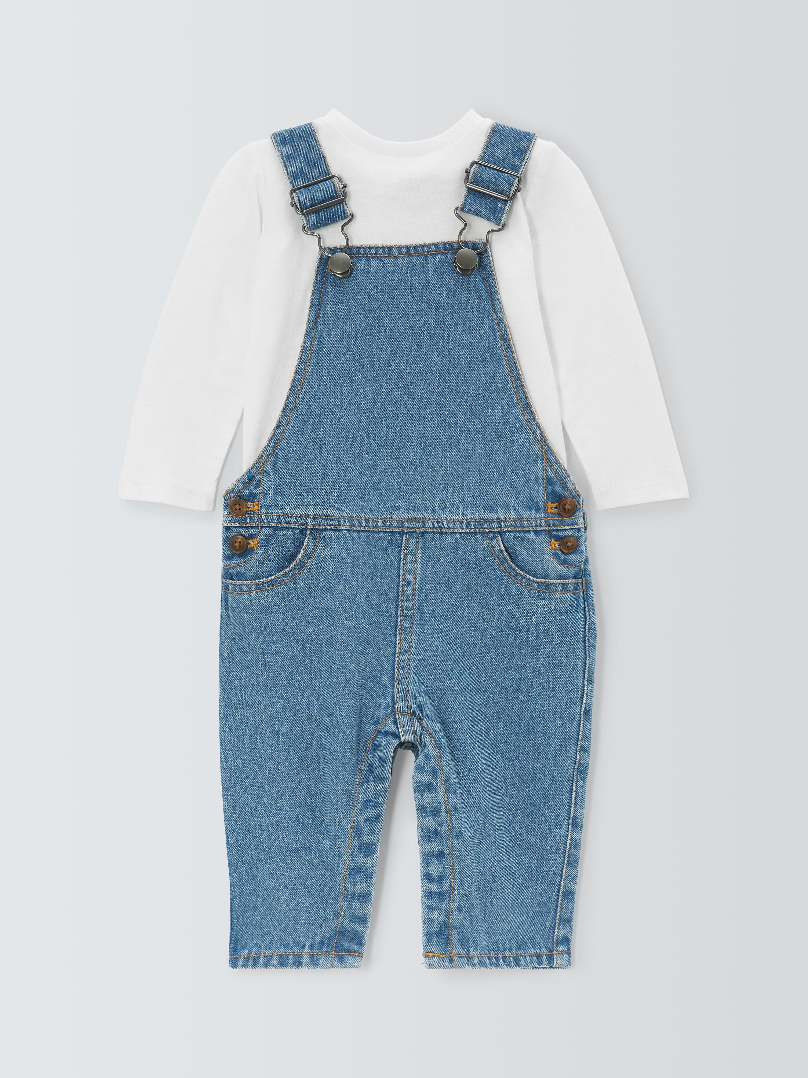 Product image 1 of 3, which shows John Lewis Baby Denim Dungarees & T-Shirt Set, Blue, 3-6 months