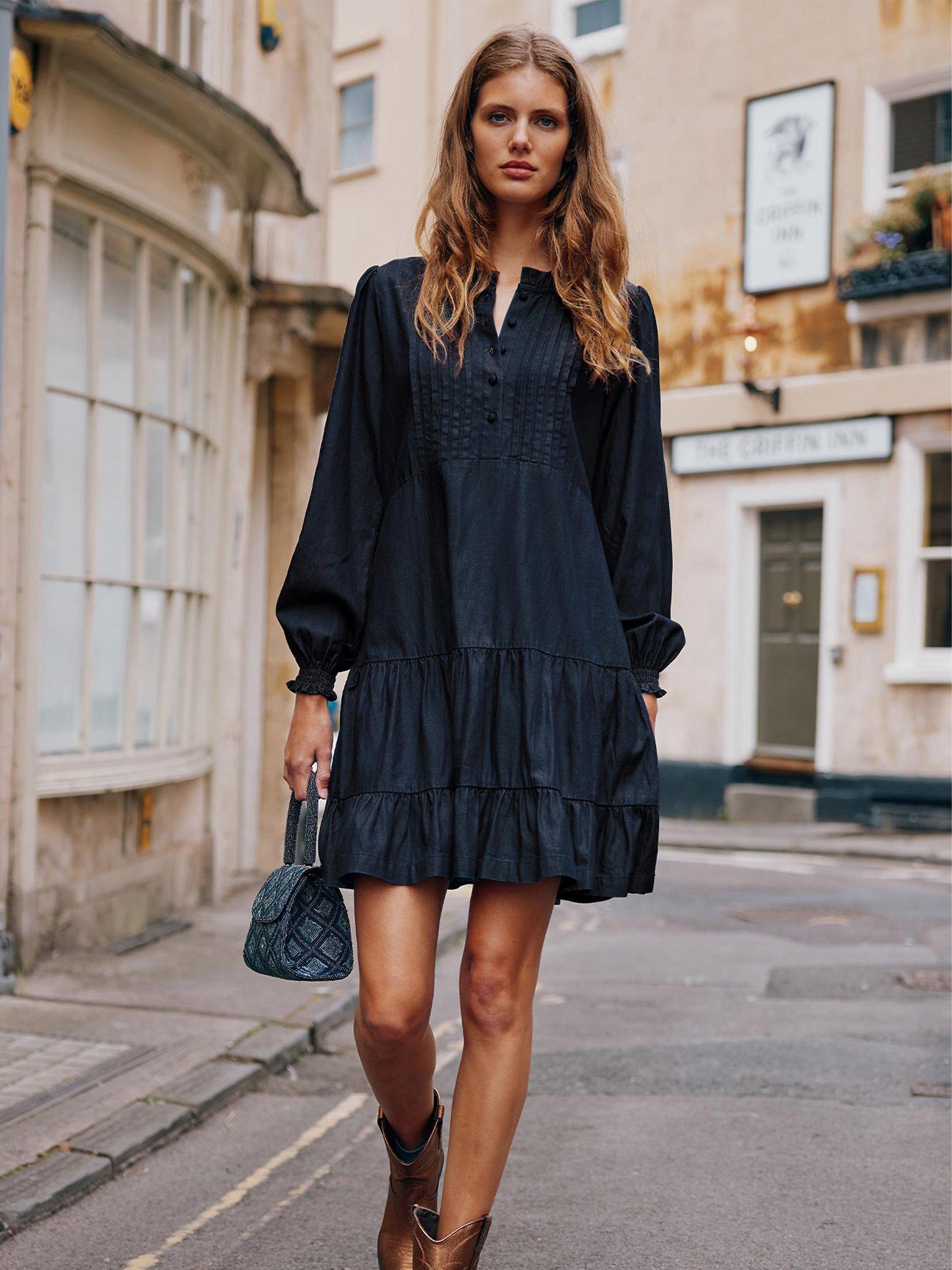 Product image 1 of 5, which shows Aspiga Stema Tiered Mini Dress, Dark Wash, XXS