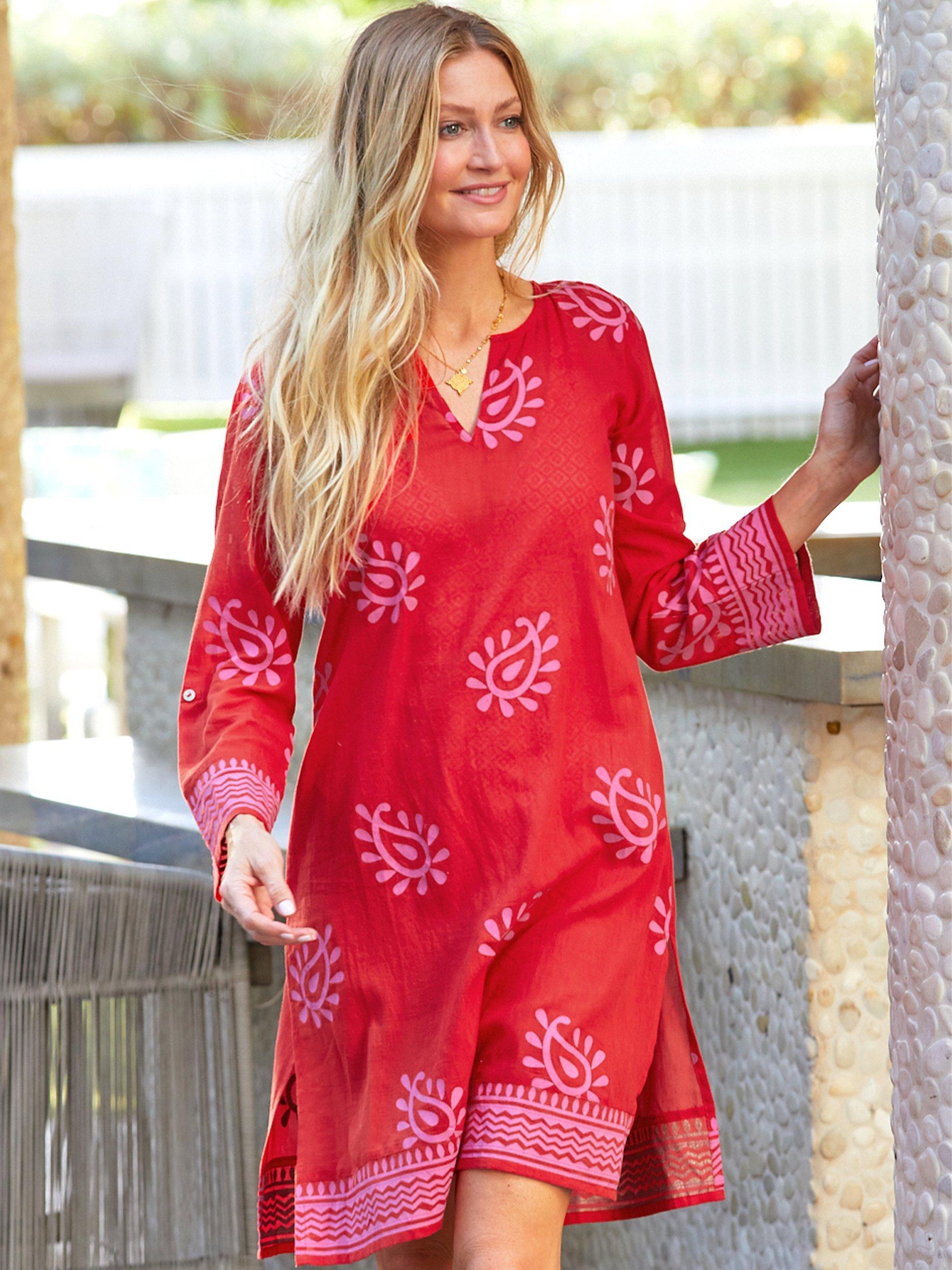 Product image 3 of 4, which shows Aspiga Guadalupe Short Kaftan, Paisley Red/Pink, L
