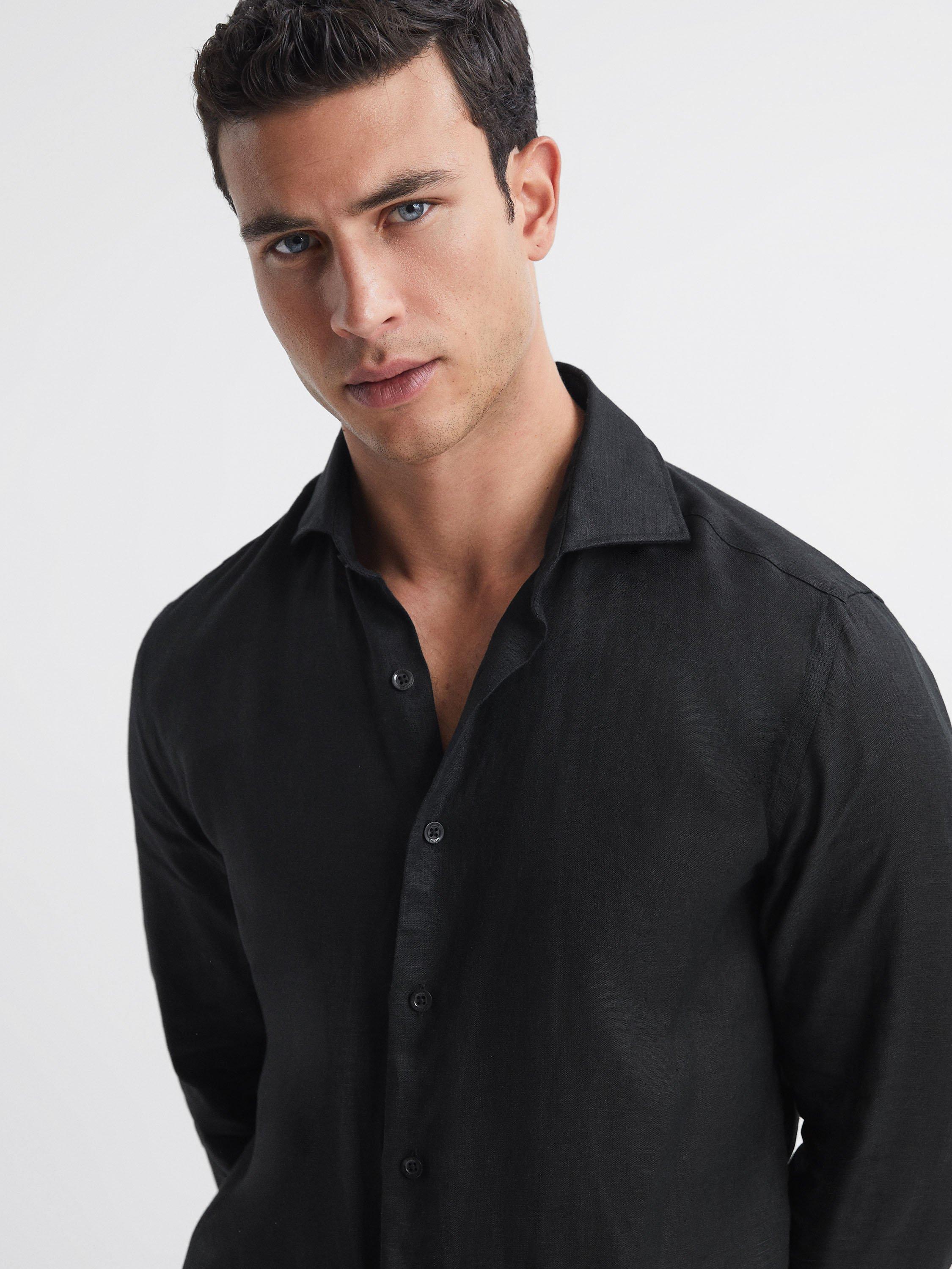 Product image 1 of 5, which shows Reiss Rex Long Sleeve Linen Shirt, Black, XS
