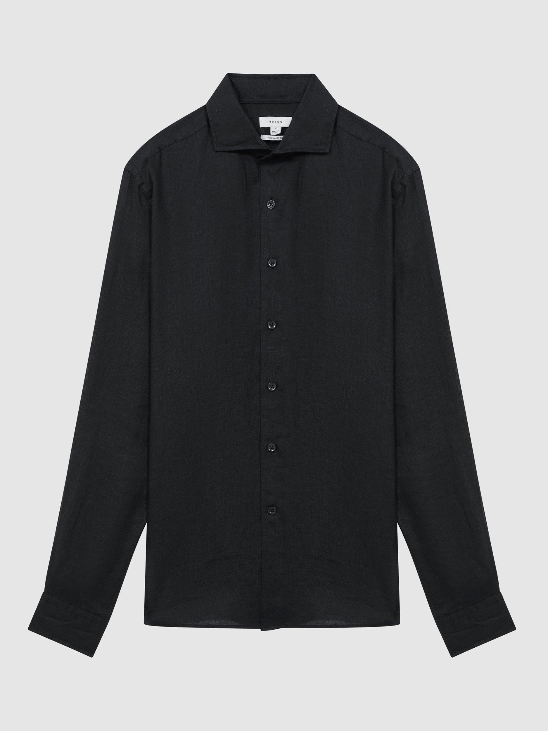 Product image 3 of 5, which shows Reiss Rex Long Sleeve Linen Shirt, Black, XS