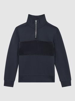 Reiss Kids' Selin Half Zip Interlock Jumper, Navy
