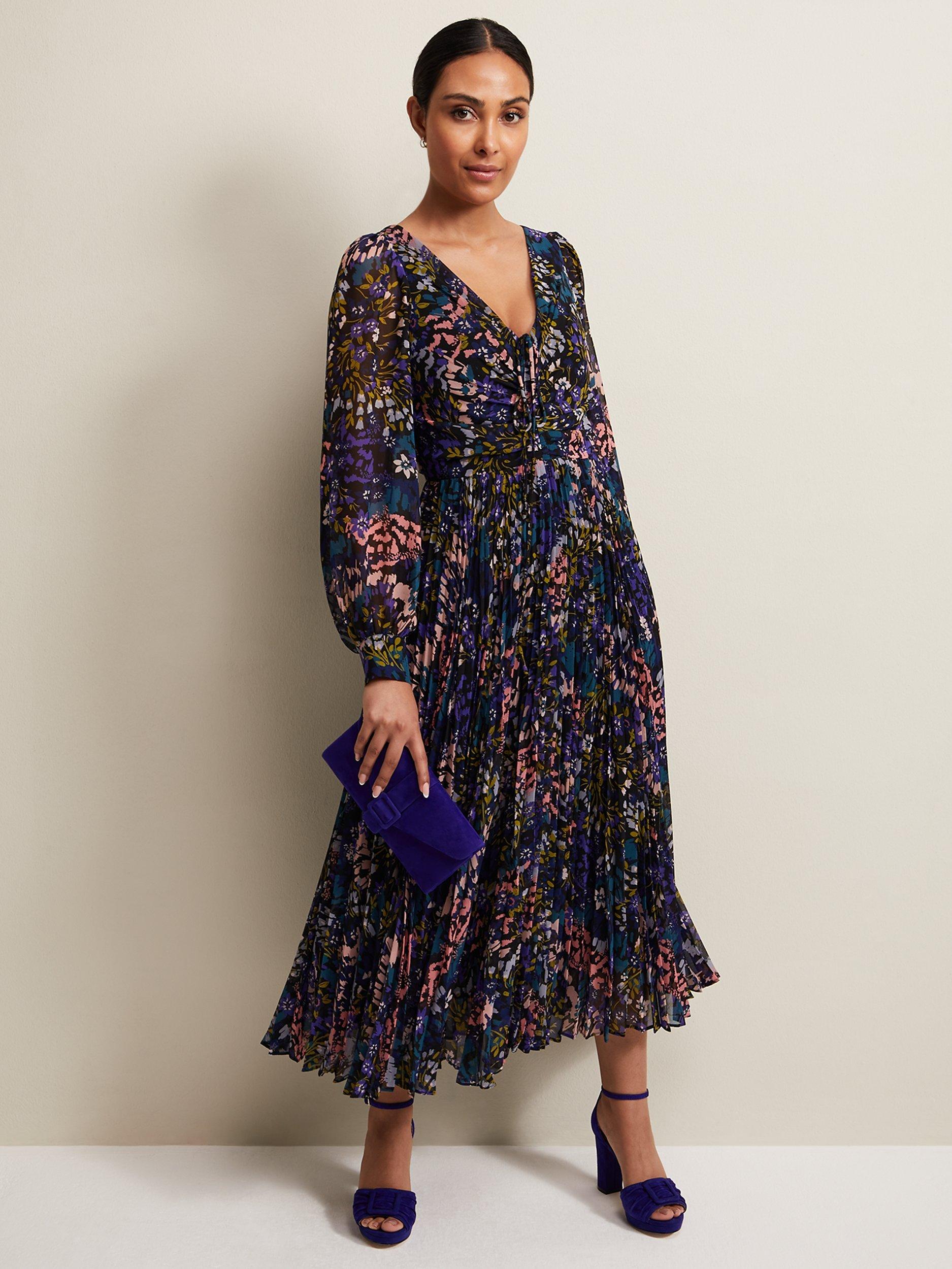 Phase Eight Petite Kindra Floral Print Pleated Midi Dress, Multi