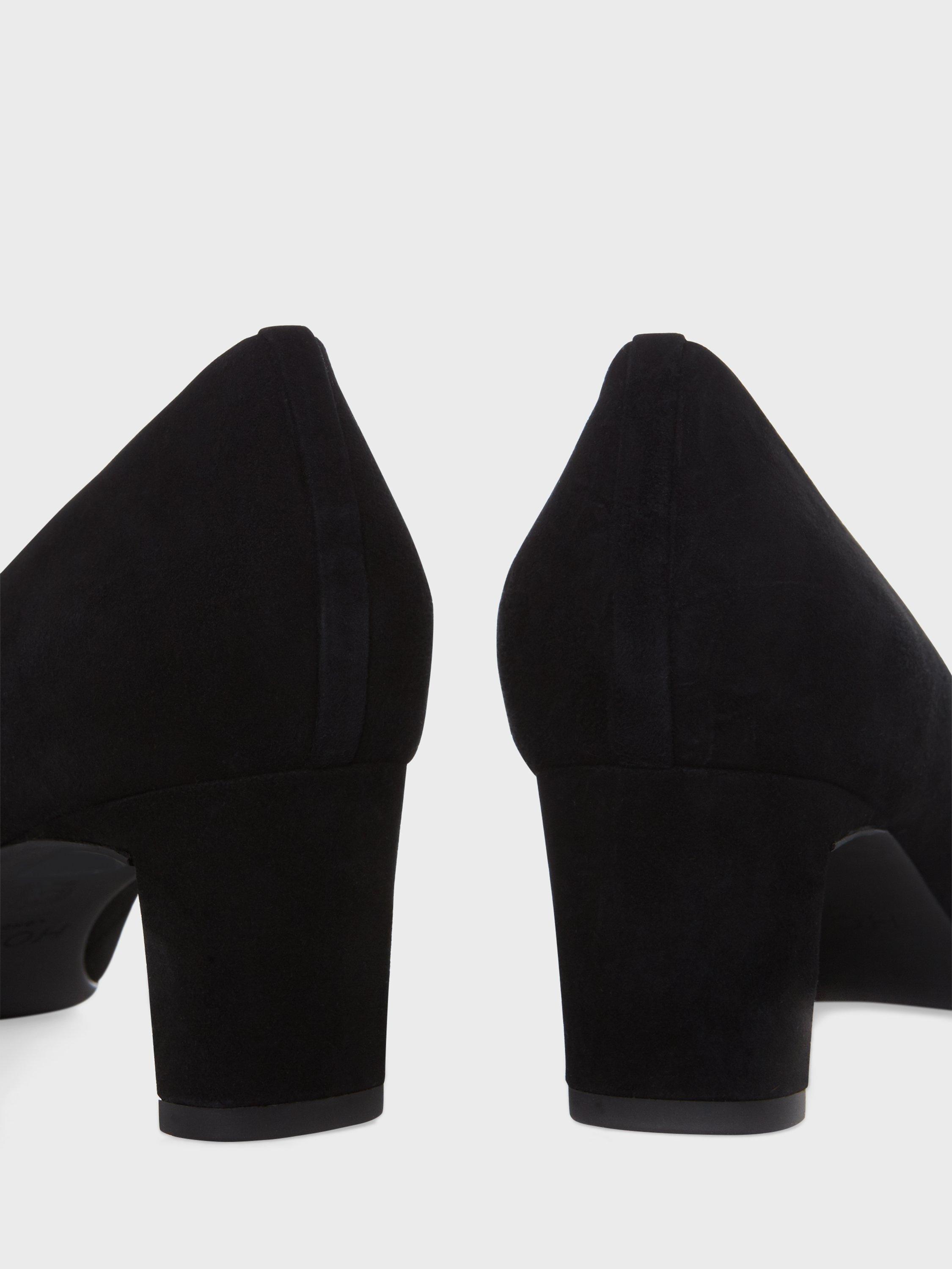 Product image 2 of 6, which shows Hobbs Myra Block Heel Court Shoes, Black Suede, 3
