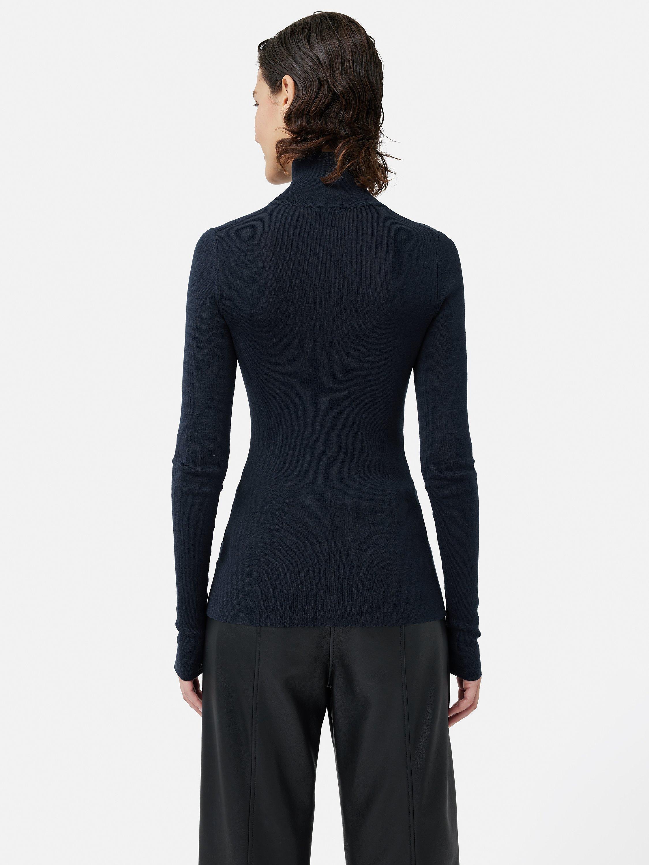 Jigsaw Silk Cotton Blend Polo Neck Ribbed Jumper Navy