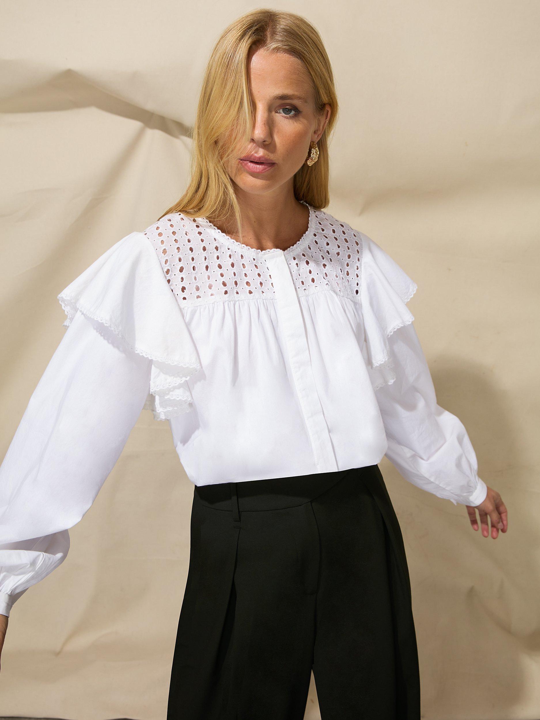 Ro&Zo Lace Trim Insert Cotton Blouse, White